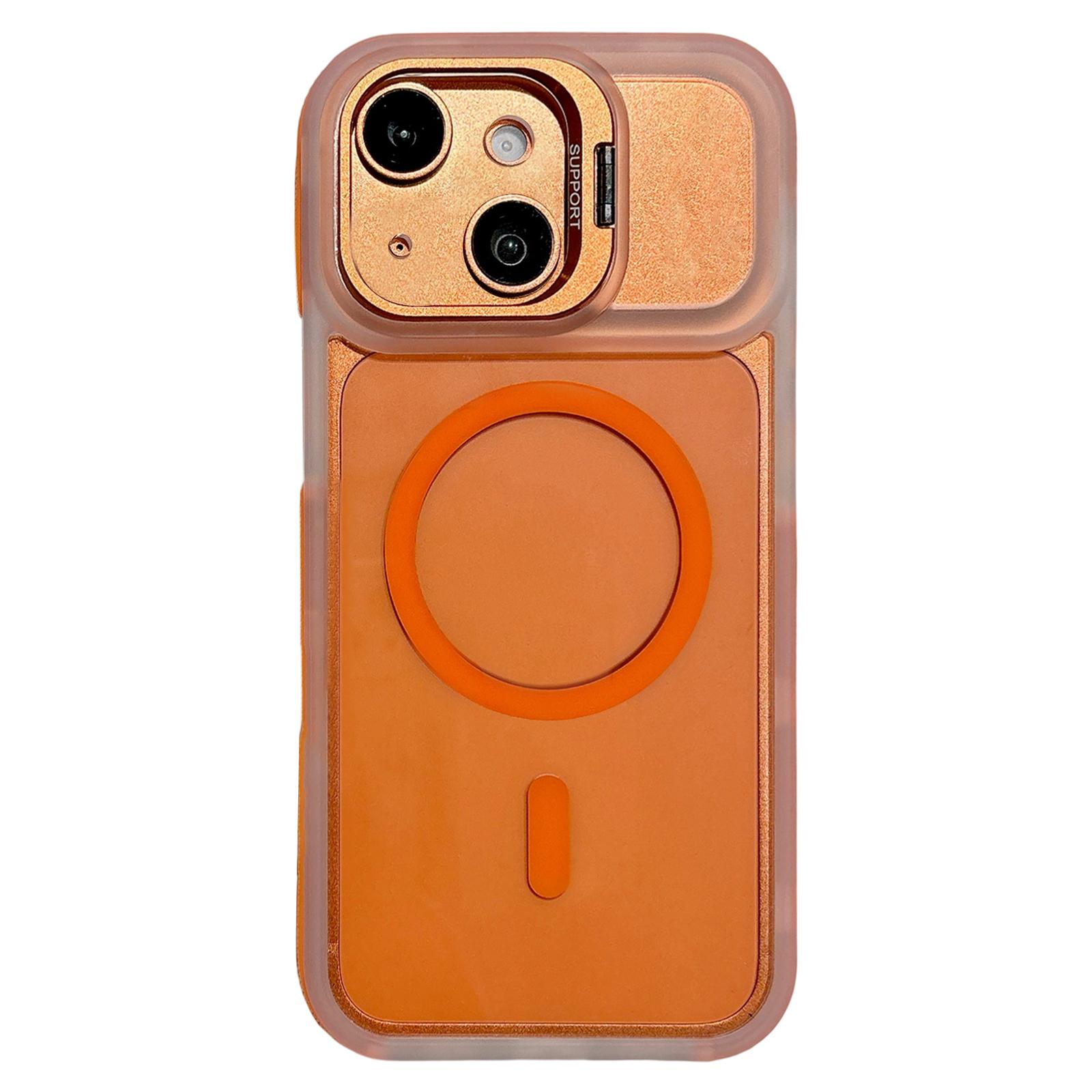 For iPhone 13 Dual-Color Magnetic Lens Holder Phone Case(Orange) - Shopkiz.com