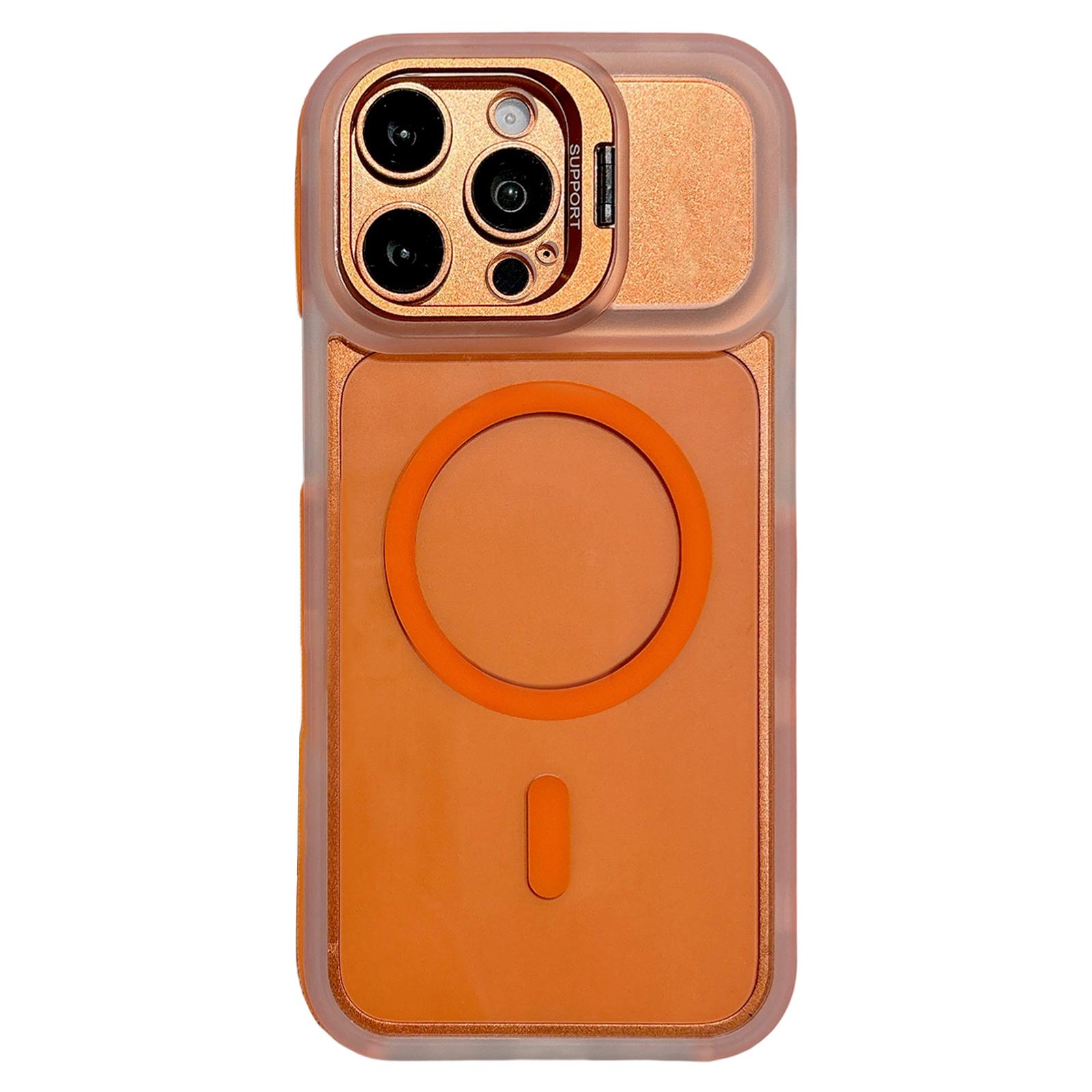 For iPhone 14 Pro Dual-Color Magnetic Lens Holder Phone Case(Orange) - Shopkiz.com