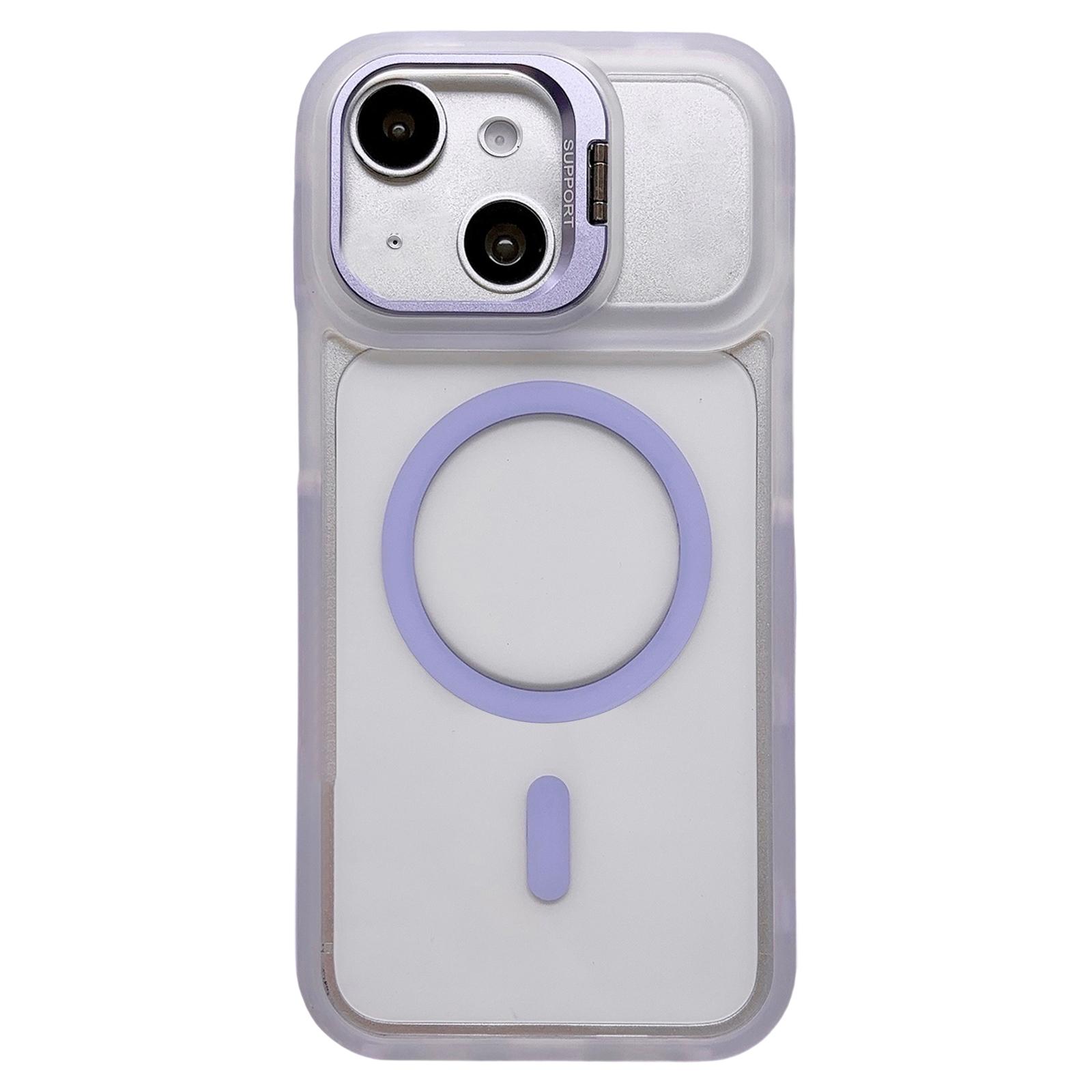 For iPhone 15 Dual-Color Magnetic Lens Holder Phone Case(Purple) - Shopkiz.com