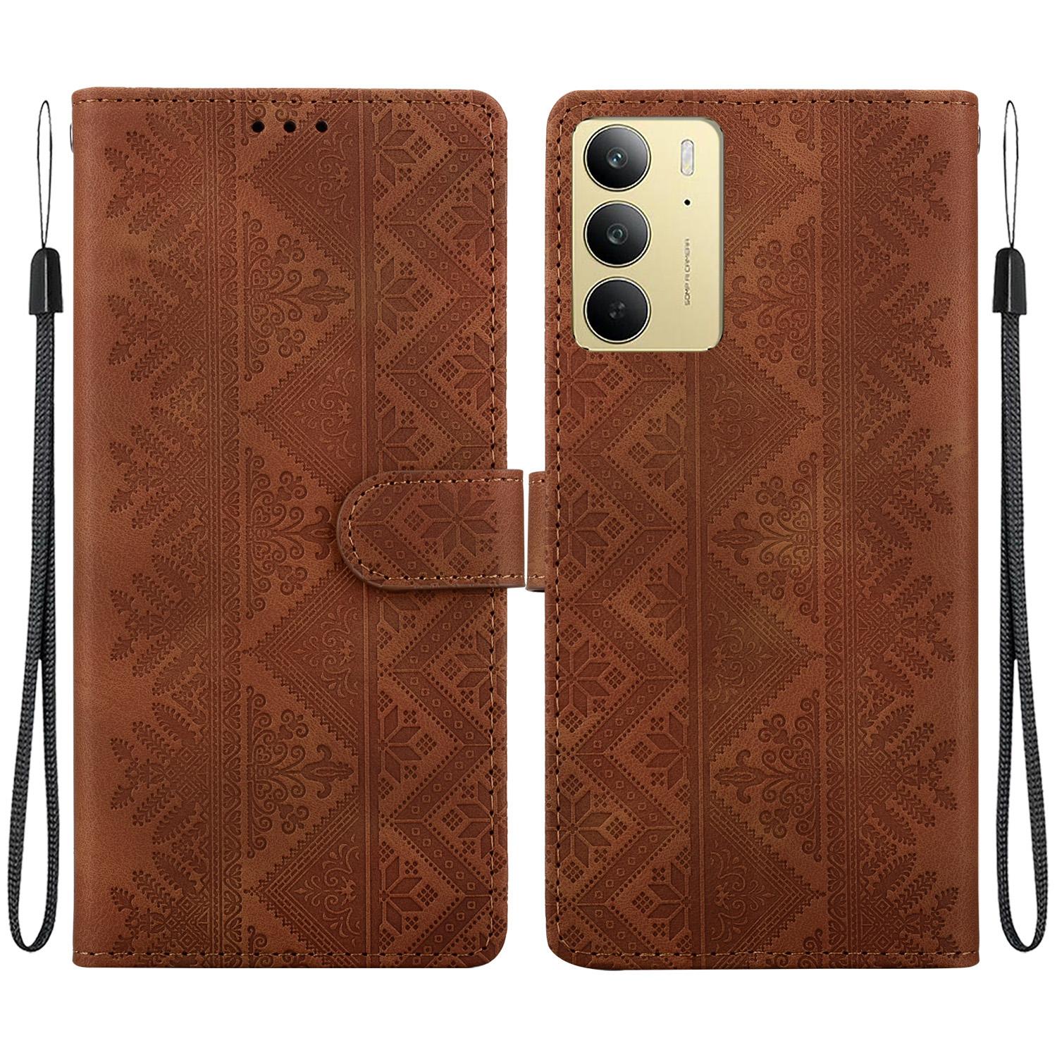 For Realme C75 / Realme 14x Ethnic Pattern Embossed Vegan Leather Phone Case(Brown) - Shopkiz.com