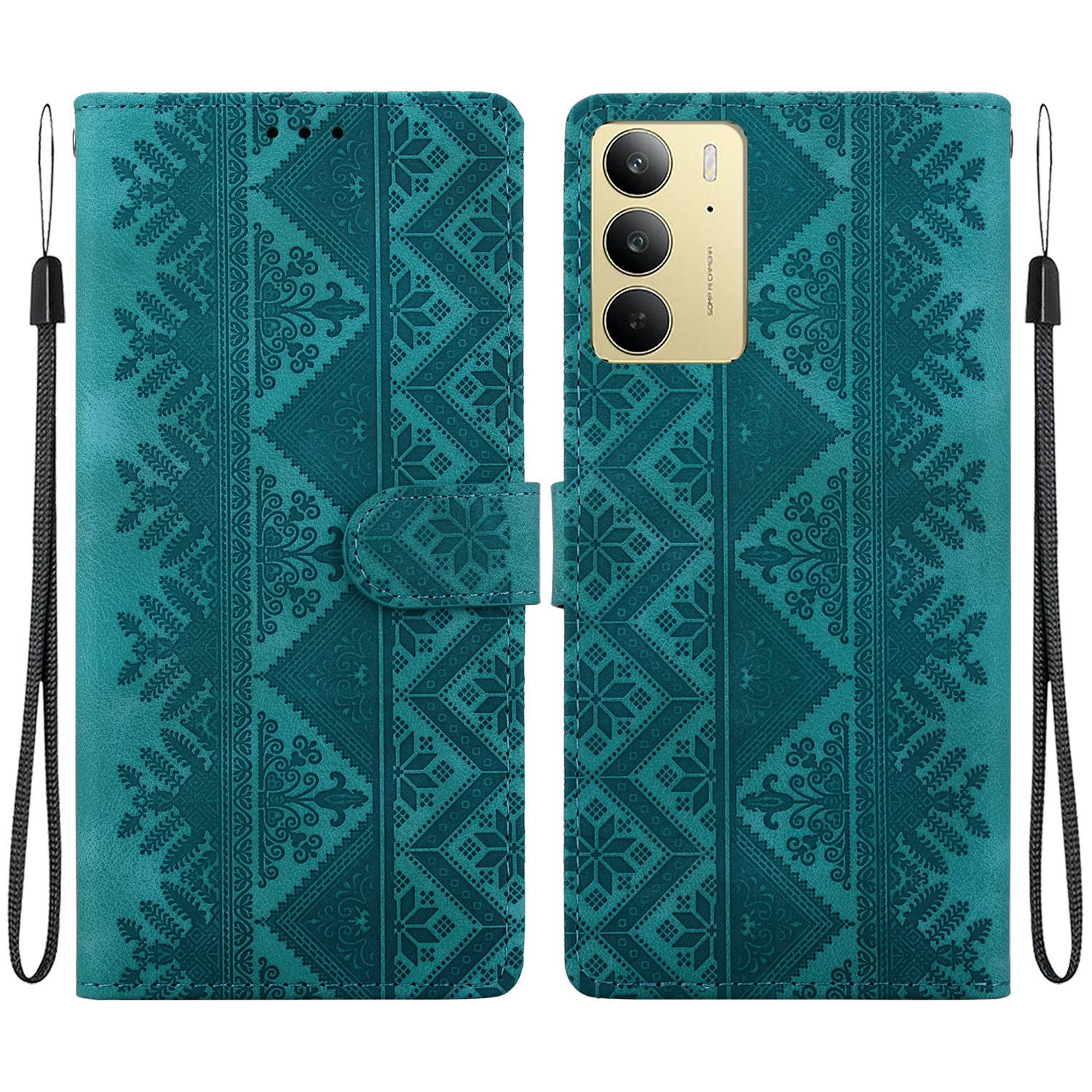For Realme C75 / Realme 14x Ethnic Pattern Embossed Vegan Leather Phone Case(Green) - Shopkiz.com