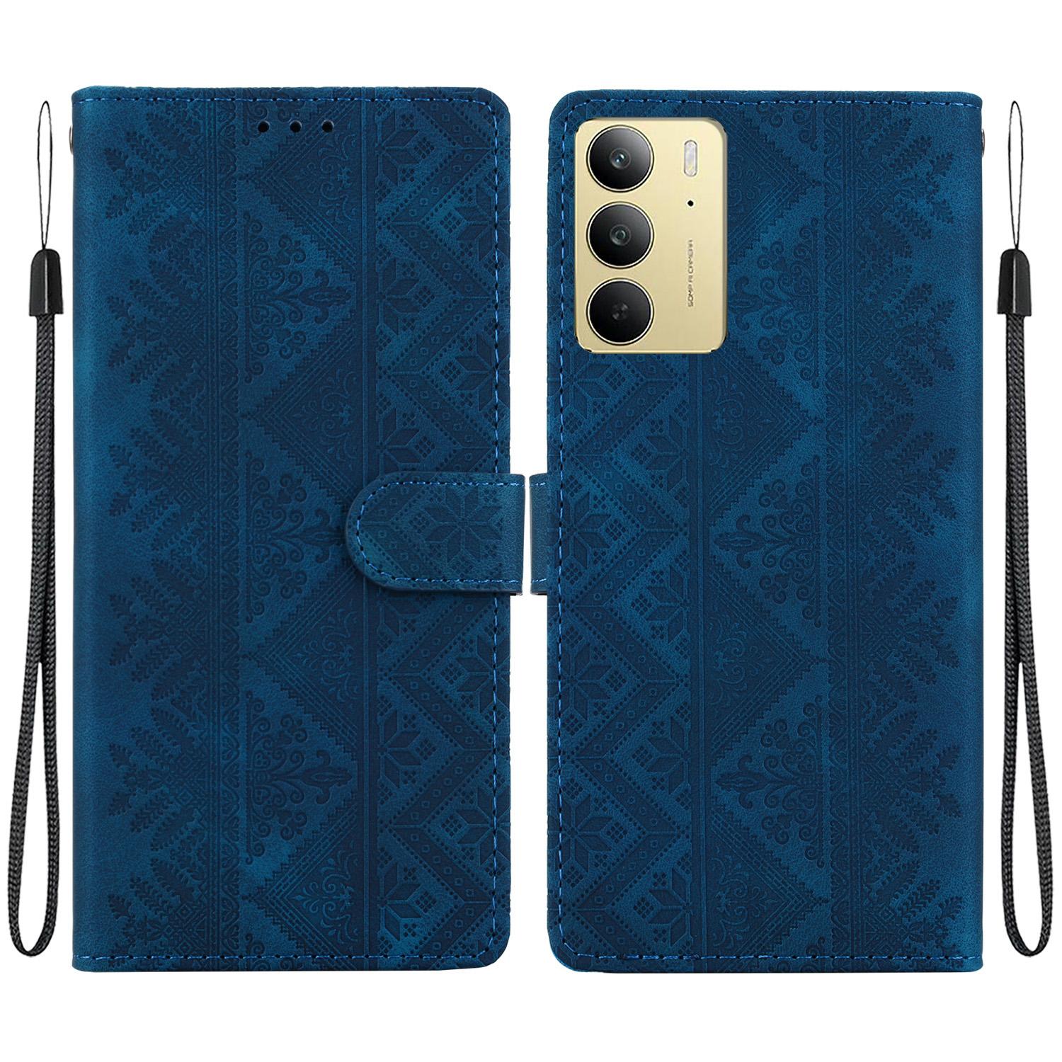 For Realme C75 / Realme 14x Ethnic Pattern Embossed Vegan Leather Phone Case(Dark Blue) - Shopkiz.com