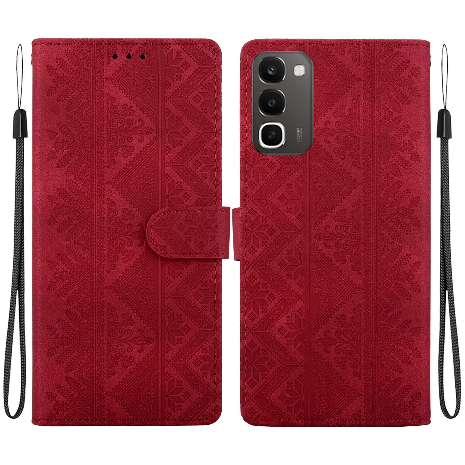 For Realme C100 4G / C100i 4G Ethnic Pattern Embossed Vegan Leather Phone Case(Red) - Shopkiz.com