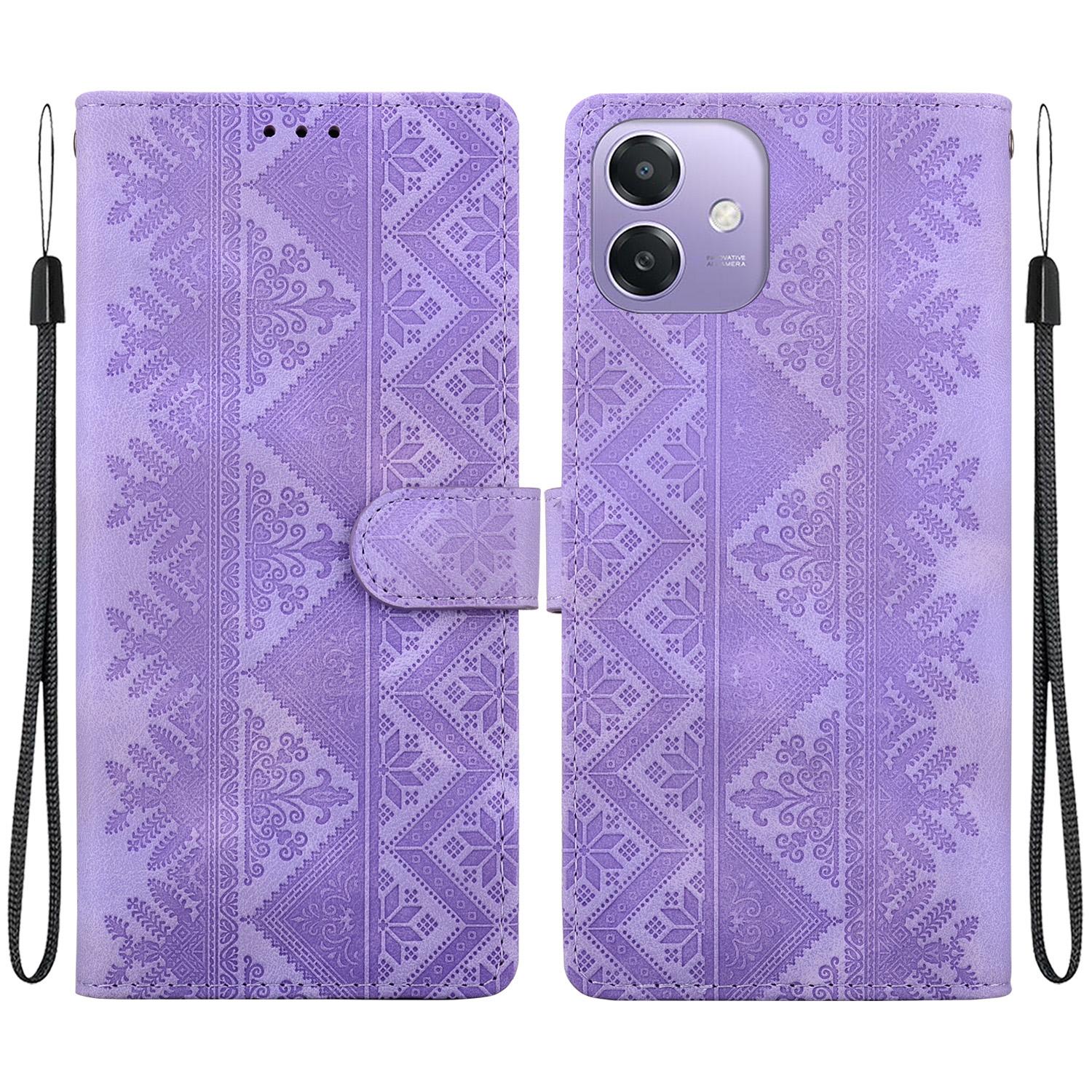 For OPPO A3 / A3x / A5x / A60 5G Ethnic Pattern Embossed Vegan Leather Phone Case(Purple) - Shopkiz.com