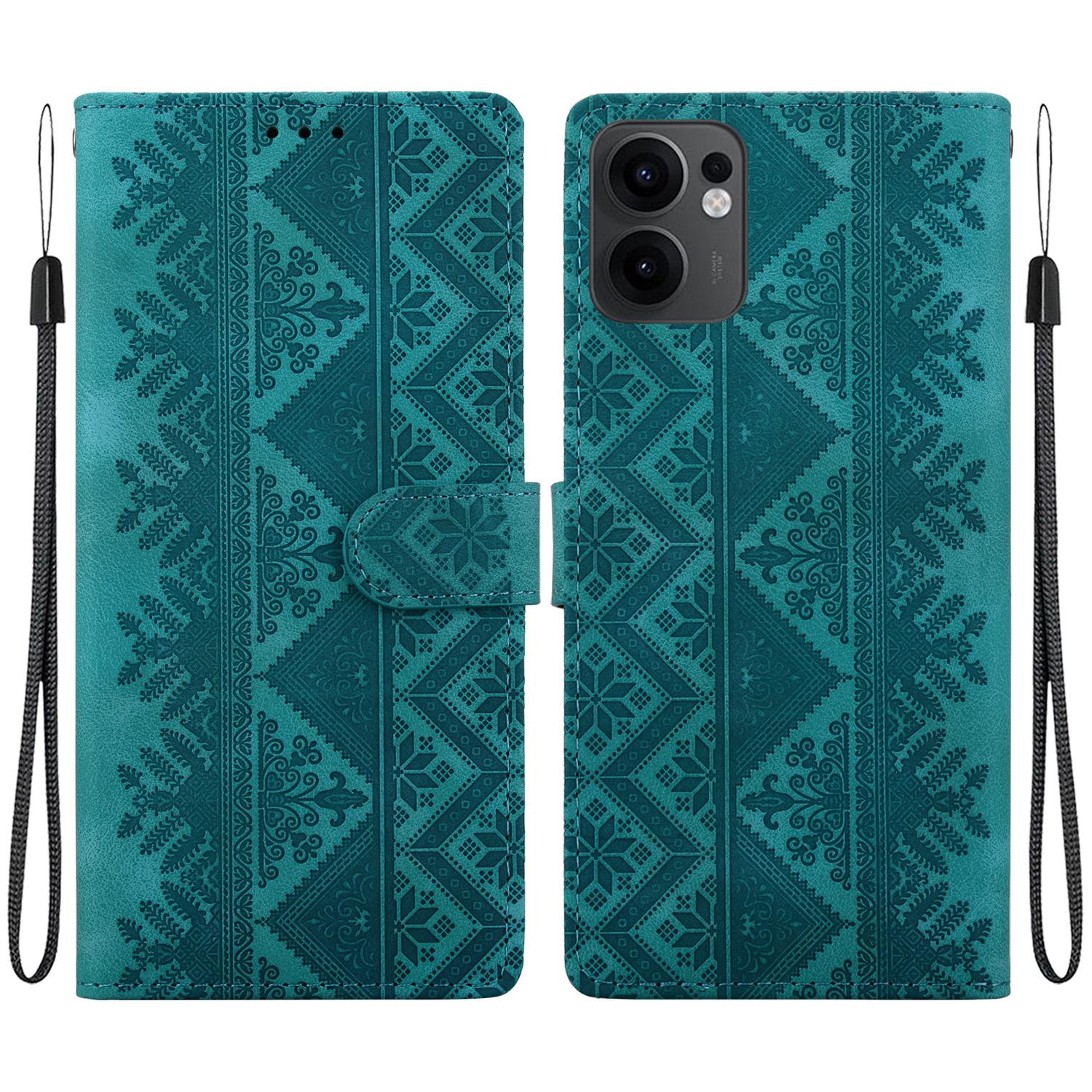 For OPPO Reno13 F 4G / 5G Ethnic Pattern Embossed Vegan Leather Phone Case(Green) - Shopkiz.com