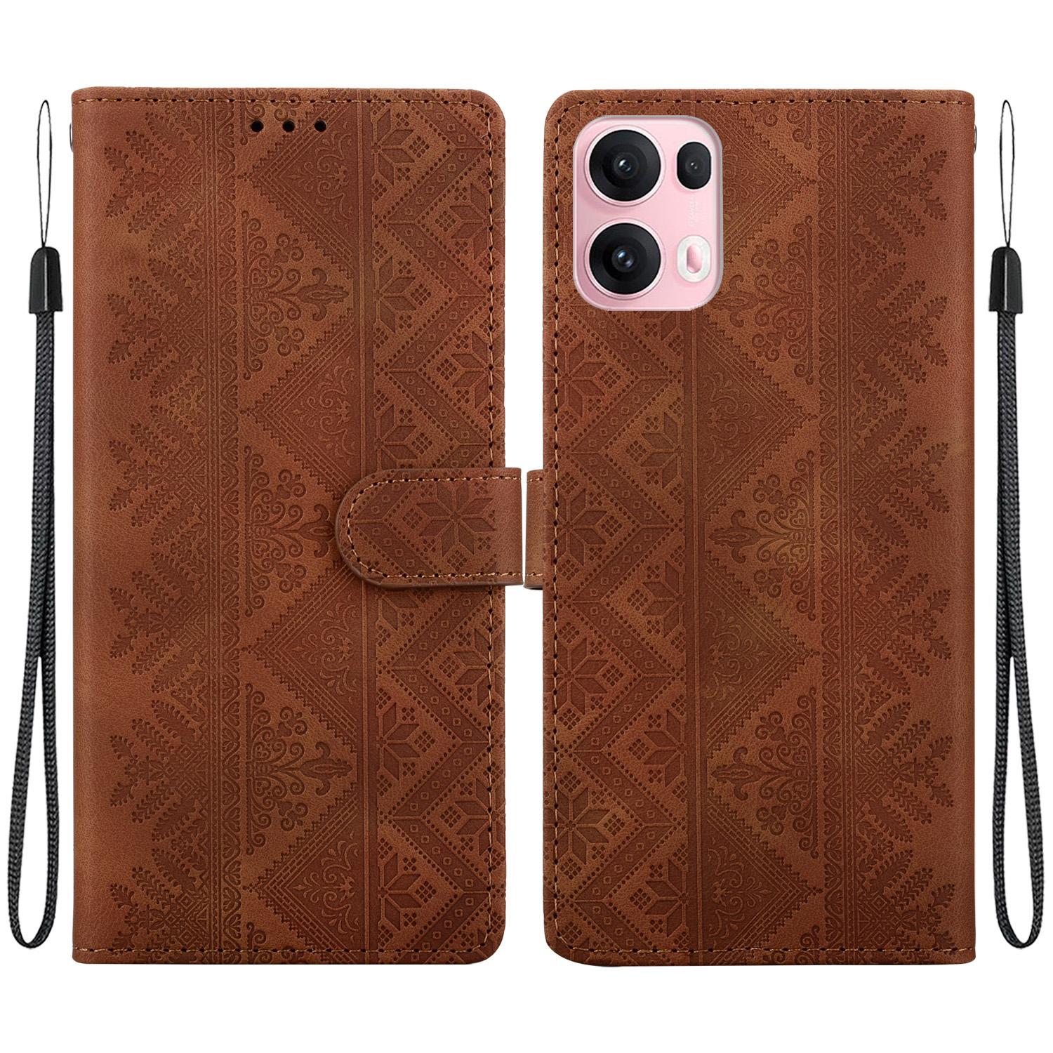 For OPPO Reno14 Pro Global Ethnic Pattern Embossed Vegan Leather Phone Case(Brown) - Shopkiz.com