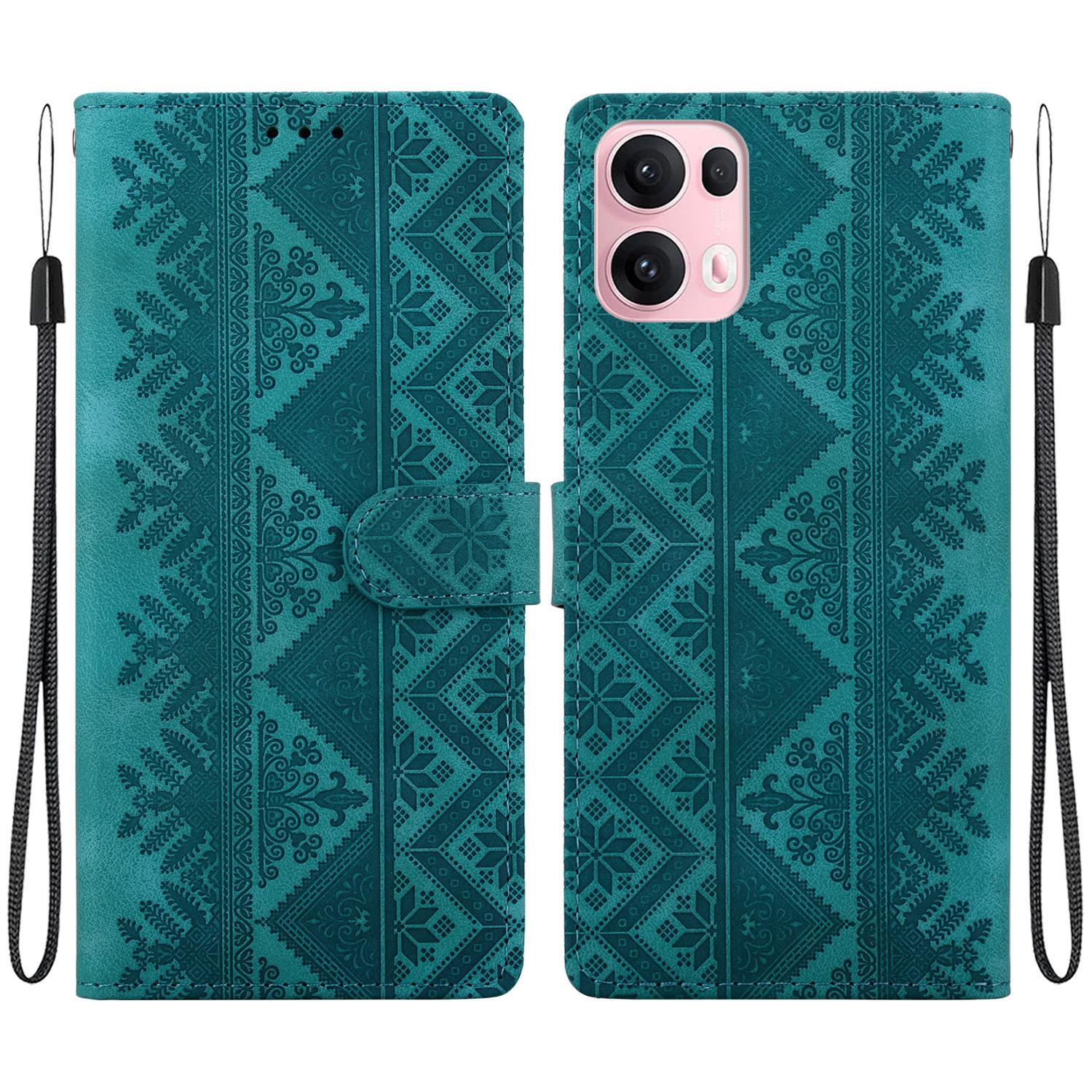 For OPPO Reno14 Pro Global Ethnic Pattern Embossed Vegan Leather Phone Case(Green) - Shopkiz.com