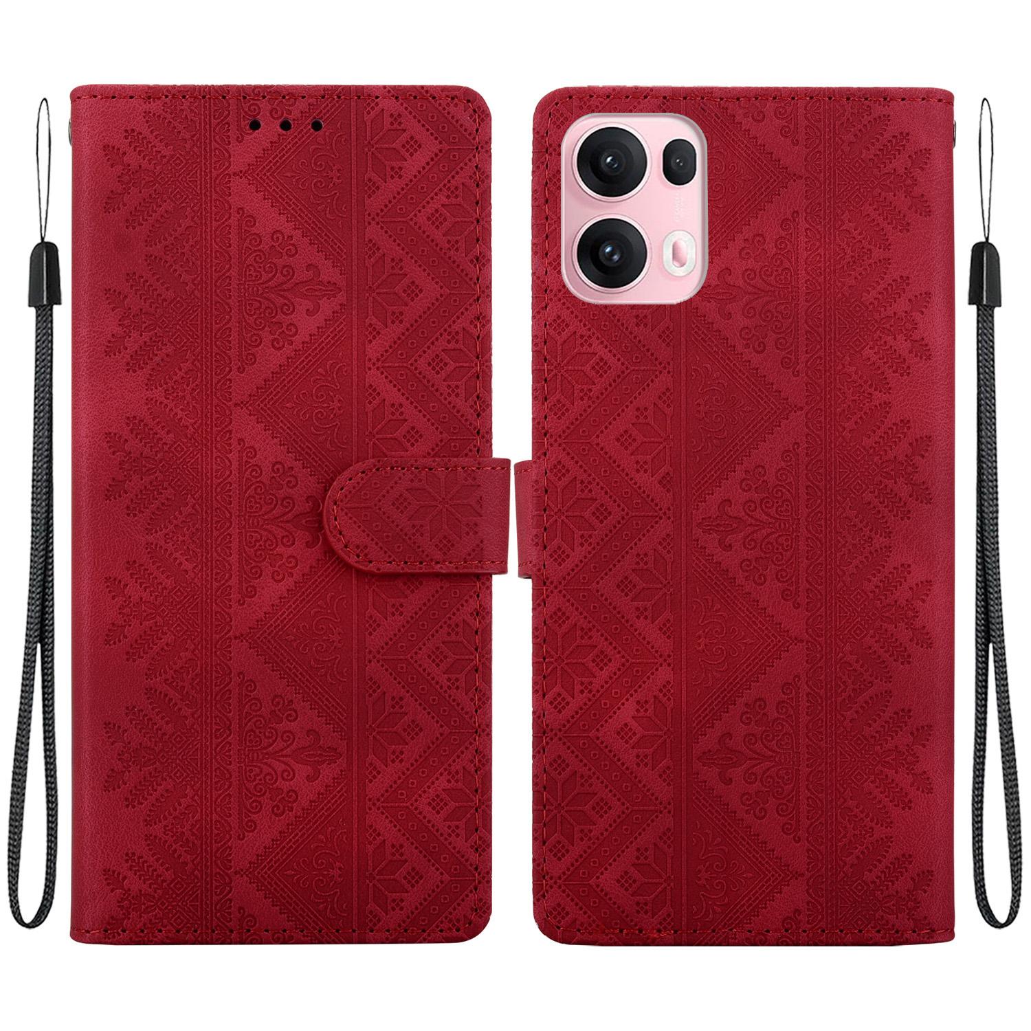 For OPPO Reno14 Pro Global Ethnic Pattern Embossed Vegan Leather Phone Case(Red) - Shopkiz.com