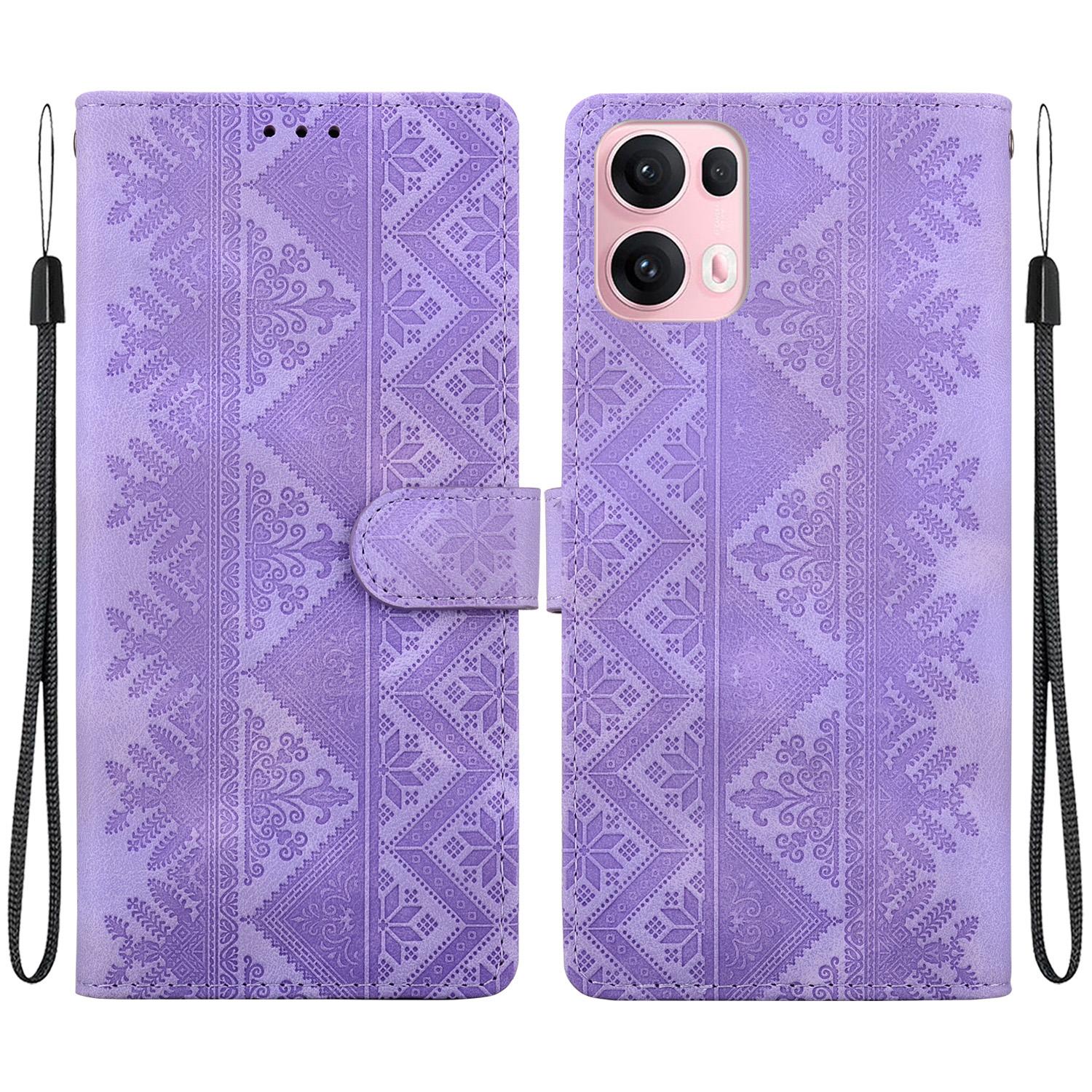 For OPPO Reno14 Pro Global Ethnic Pattern Embossed Vegan Leather Phone Case(Purple) - Shopkiz.com