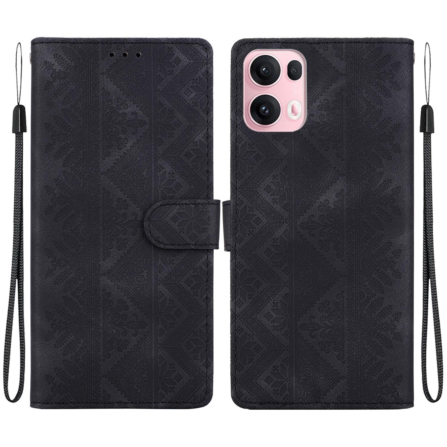 For OPPO Reno14 Pro Global Ethnic Pattern Embossed Vegan Leather Phone Case(Black) - Shopkiz.com