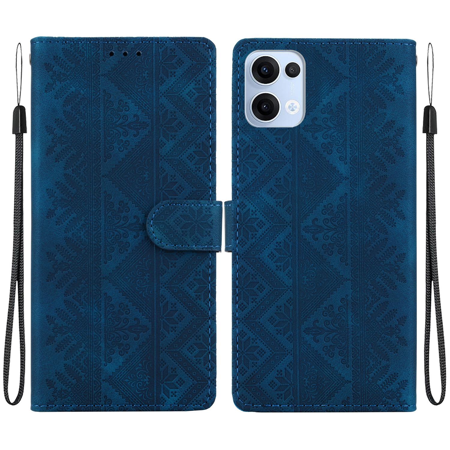 For OPPO Reno14 / Reno13 Global Ethnic Pattern Embossed Vegan Leather Phone Case(Dark Blue) - Shopkiz.com