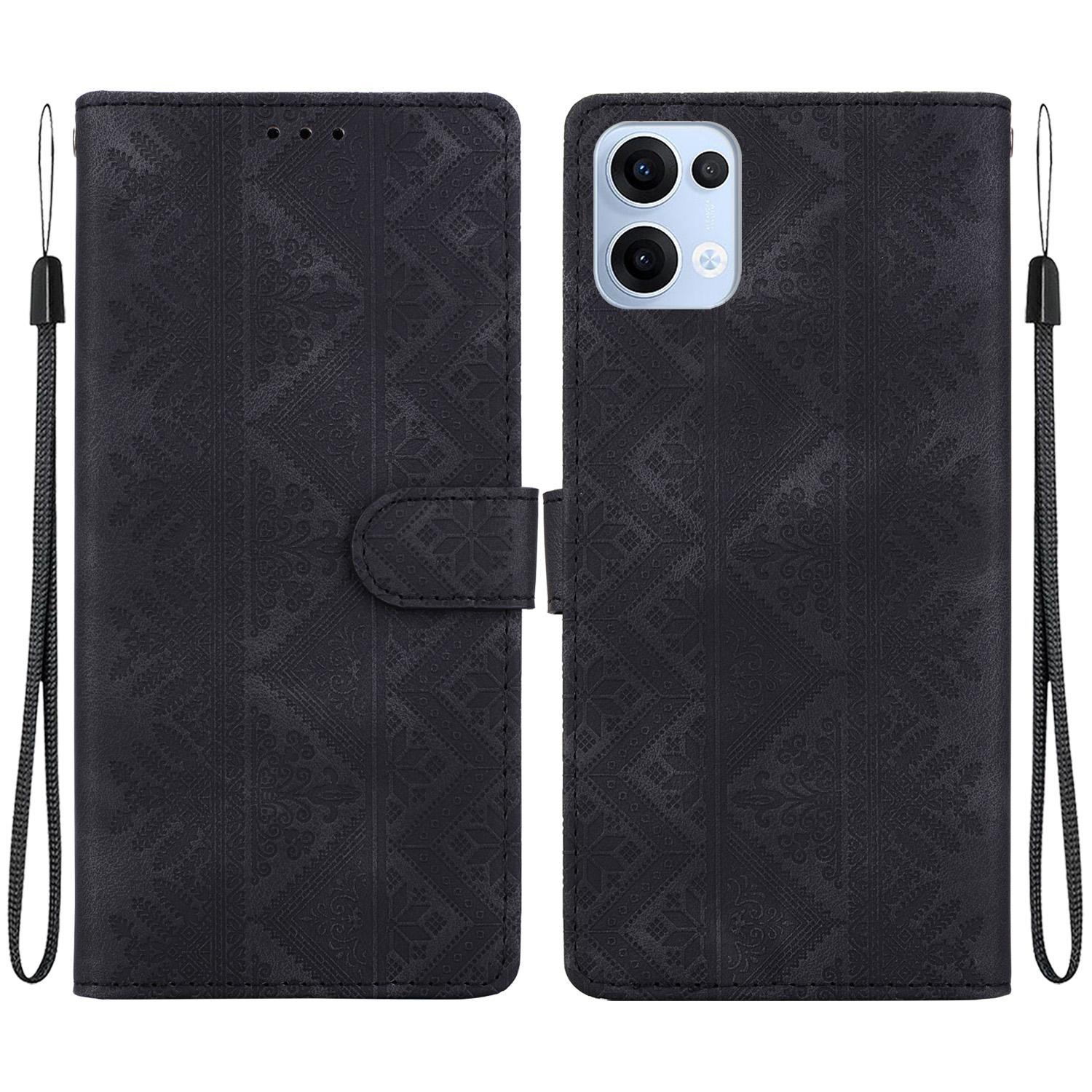 For OPPO Reno14 / Reno13 Global Ethnic Pattern Embossed Vegan Leather Phone Case(Black) - Shopkiz.com