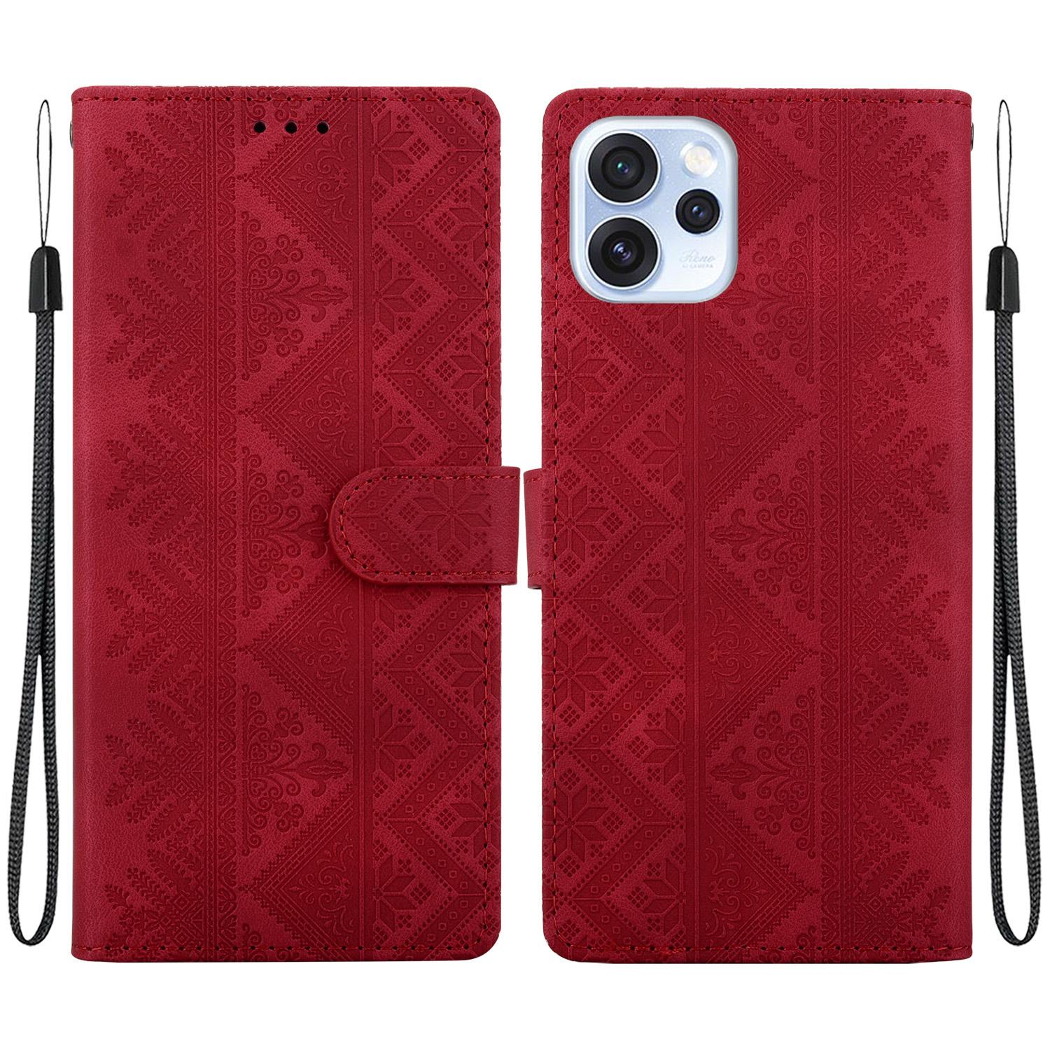 For OPPO Reno15 5G Global Ethnic Pattern Embossed Vegan Leather Phone Case(Red) - Shopkiz.com