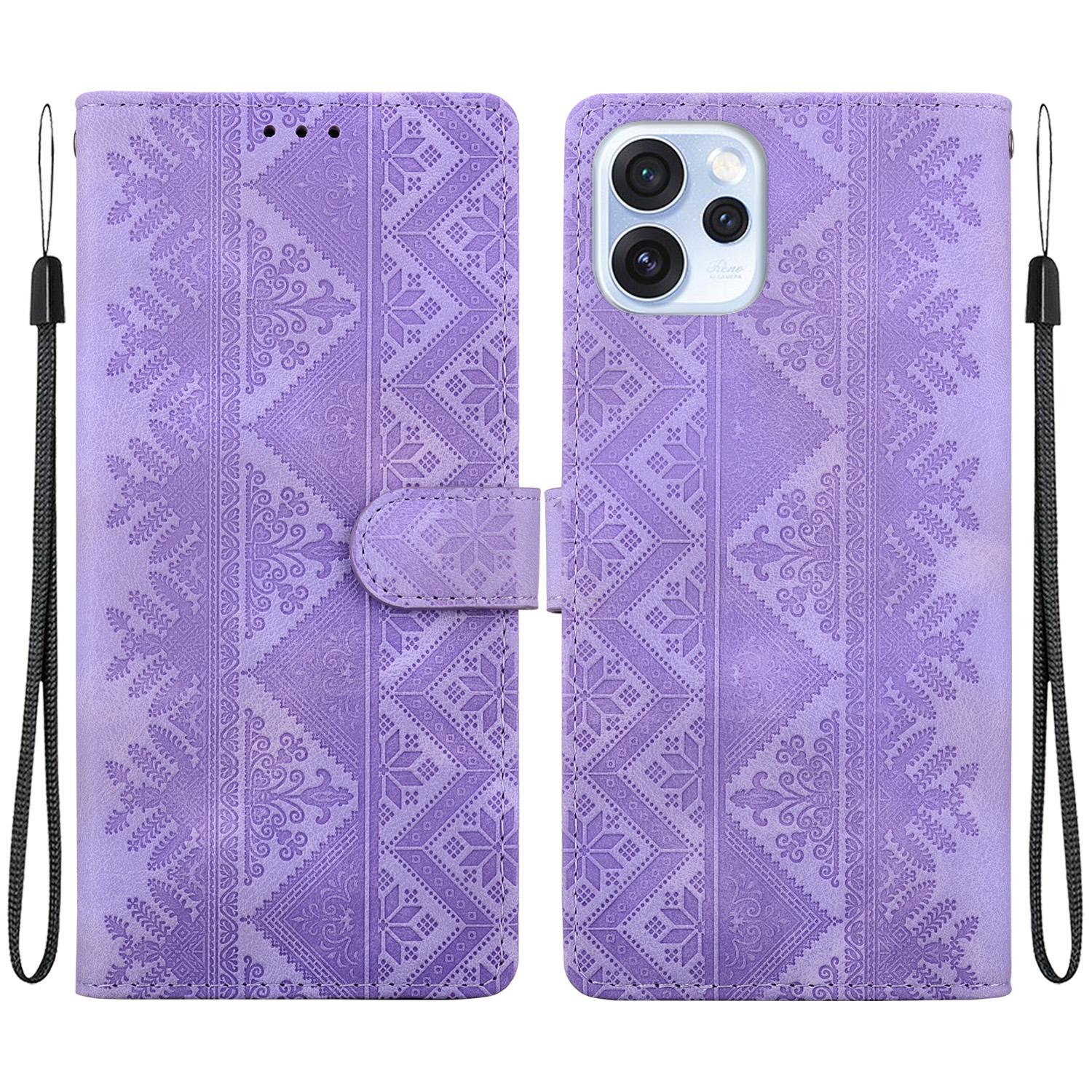 For OPPO Reno15 5G Global Ethnic Pattern Embossed Vegan Leather Phone Case(Purple) - Shopkiz.com