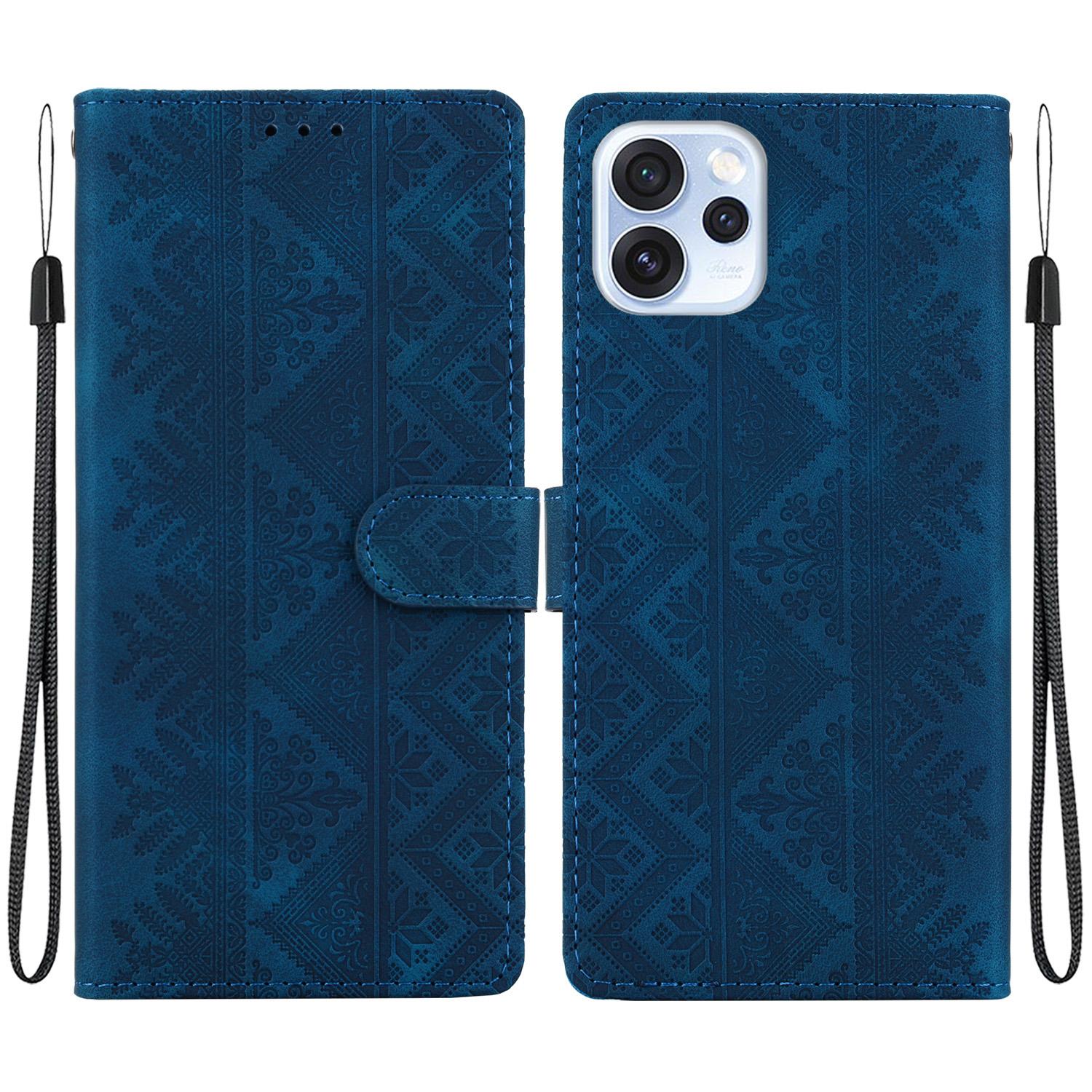 For OPPO Reno15 5G Global Ethnic Pattern Embossed Vegan Leather Phone Case(Dark Blue) - Shopkiz.com