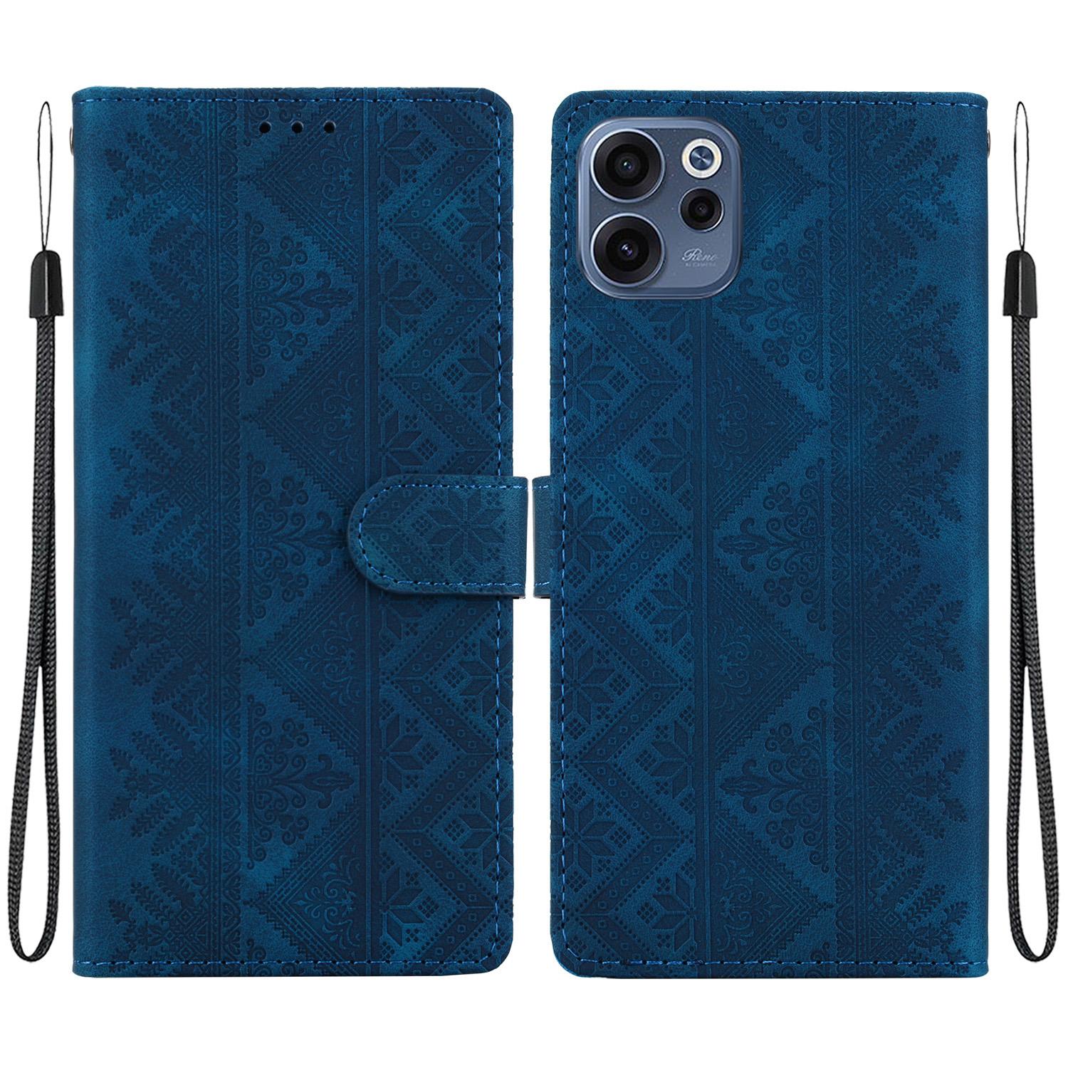 For OPPO Reno15 F 5G Ethnic Pattern Embossed Vegan Leather Phone Case(Dark Blue) - Shopkiz.com