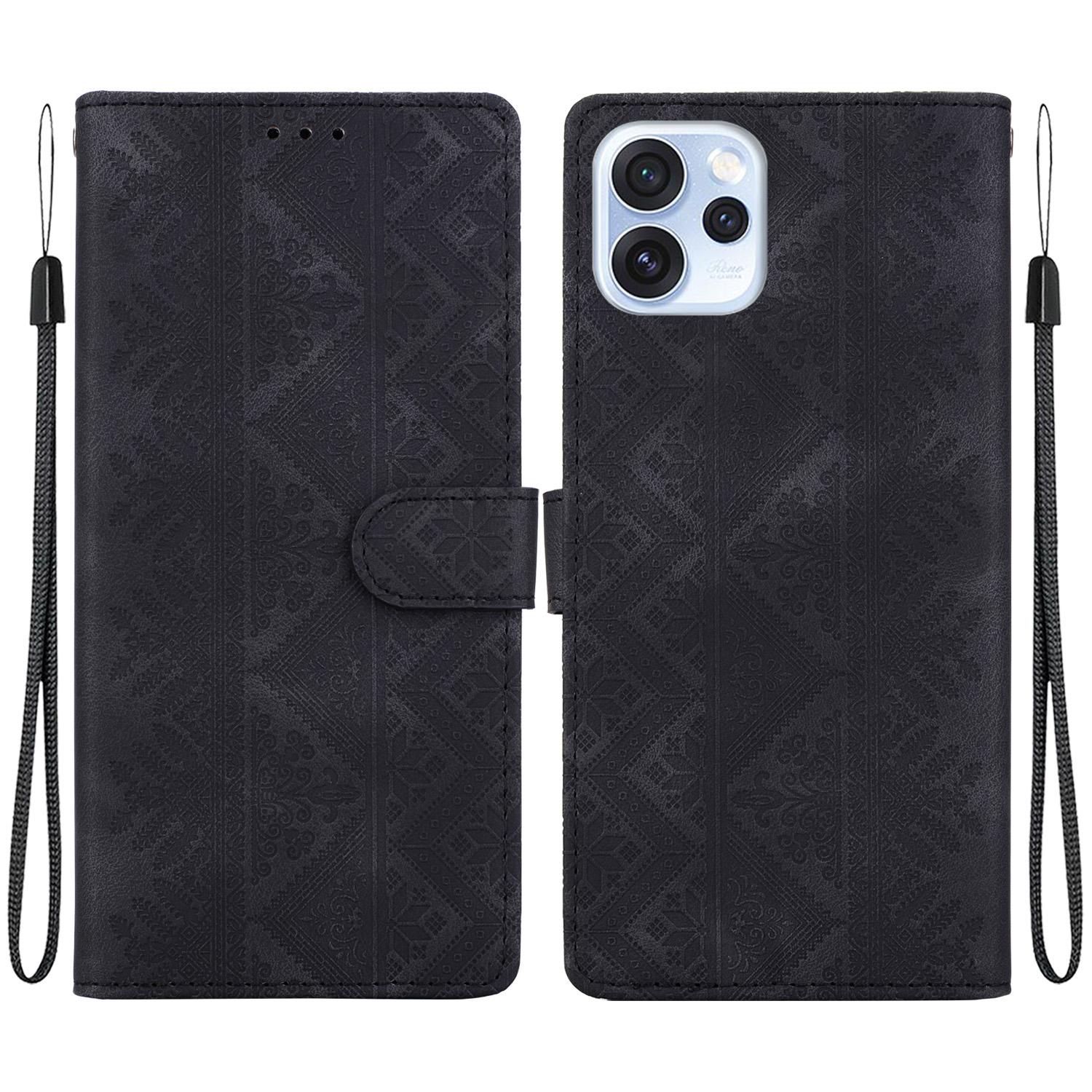 For OPPO Reno15 Pro Global / Reno15 Pro Mini Ethnic Pattern Embossed Vegan Leather Phone Case(Black) - Shopkiz.com