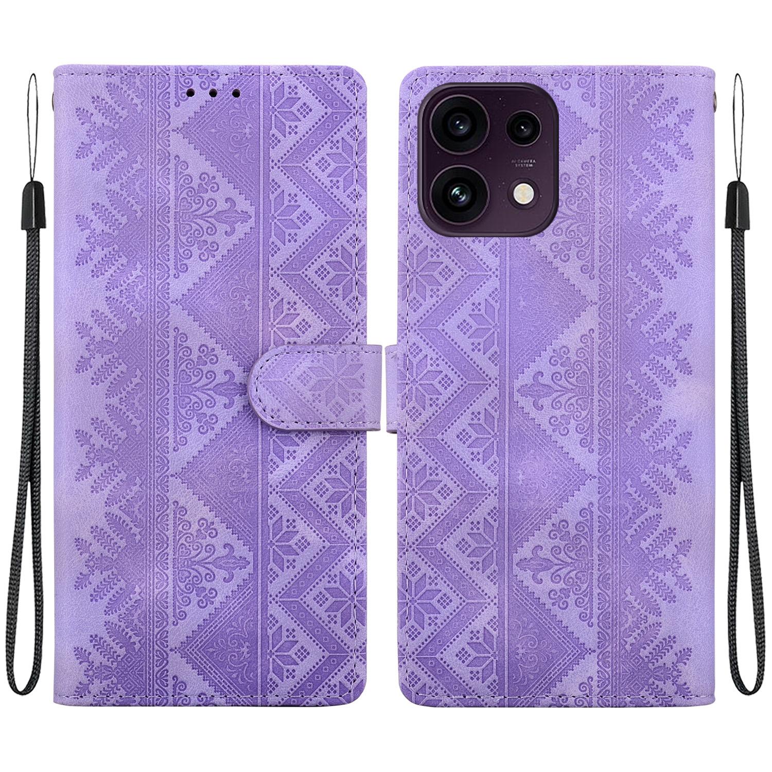For OPPO Reno16 F 5G / Reno16 FS 5G Ethnic Pattern Embossed Vegan Leather Phone Case(Purple) - Shopkiz.com