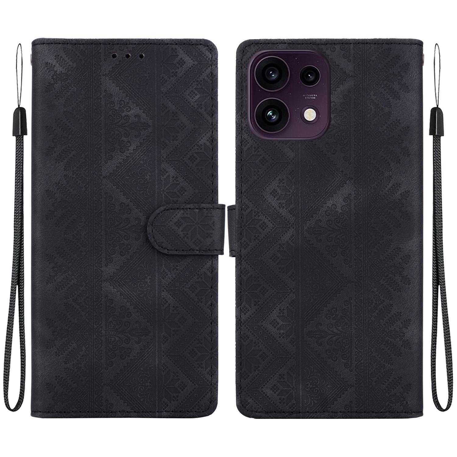 For OPPO Reno16 F 5G / Reno16 FS 5G Ethnic Pattern Embossed Vegan Leather Phone Case(Black) - Shopkiz.com