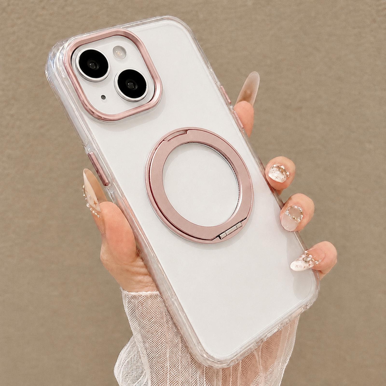 For iPhone 14 Plus Airbag Shockproof Magnetic Rotating Holder Phone Case(Pink) - Shopkiz.com