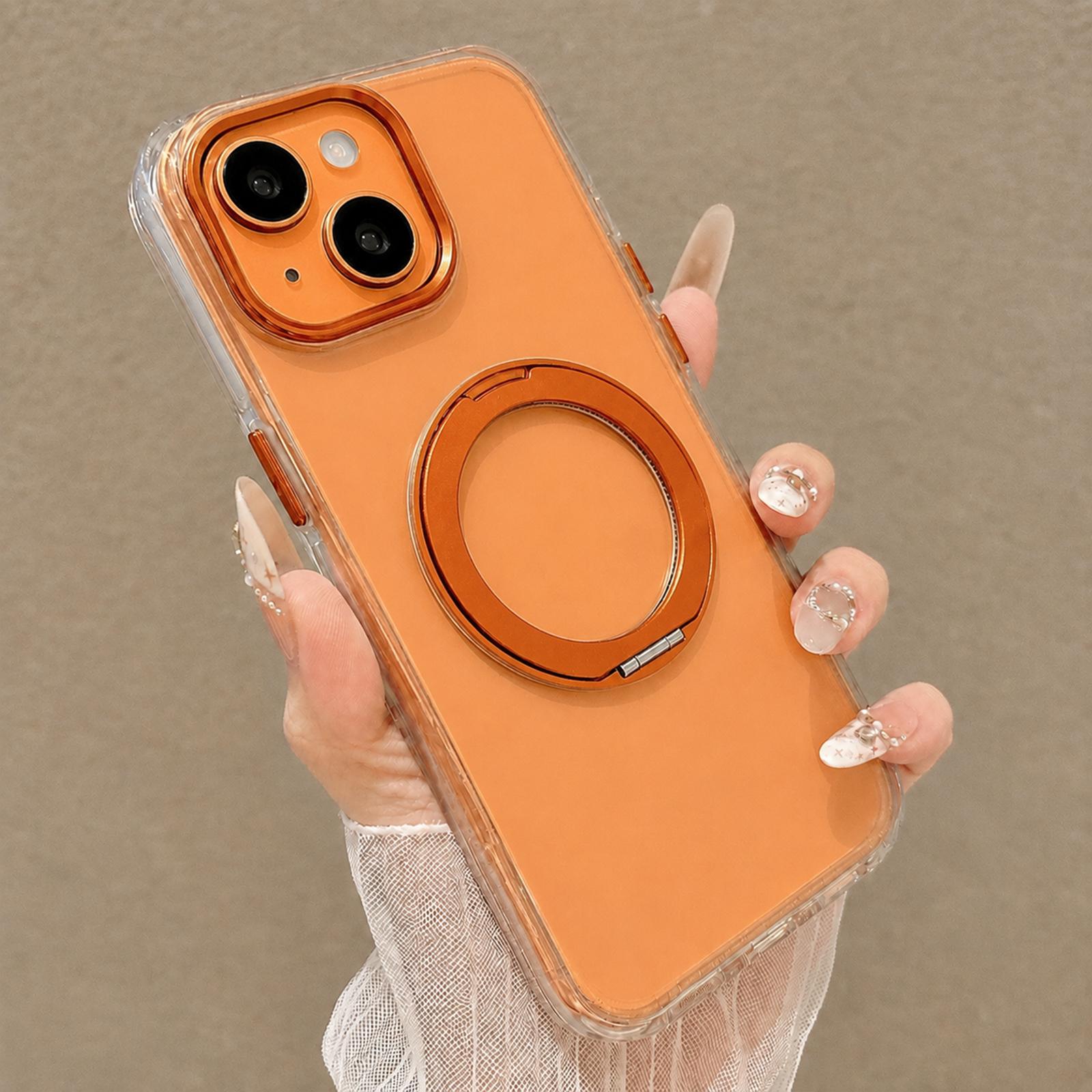 For iPhone 15 Plus Airbag Shockproof Magnetic Rotating Holder Phone Case(Orange) - Shopkiz.com