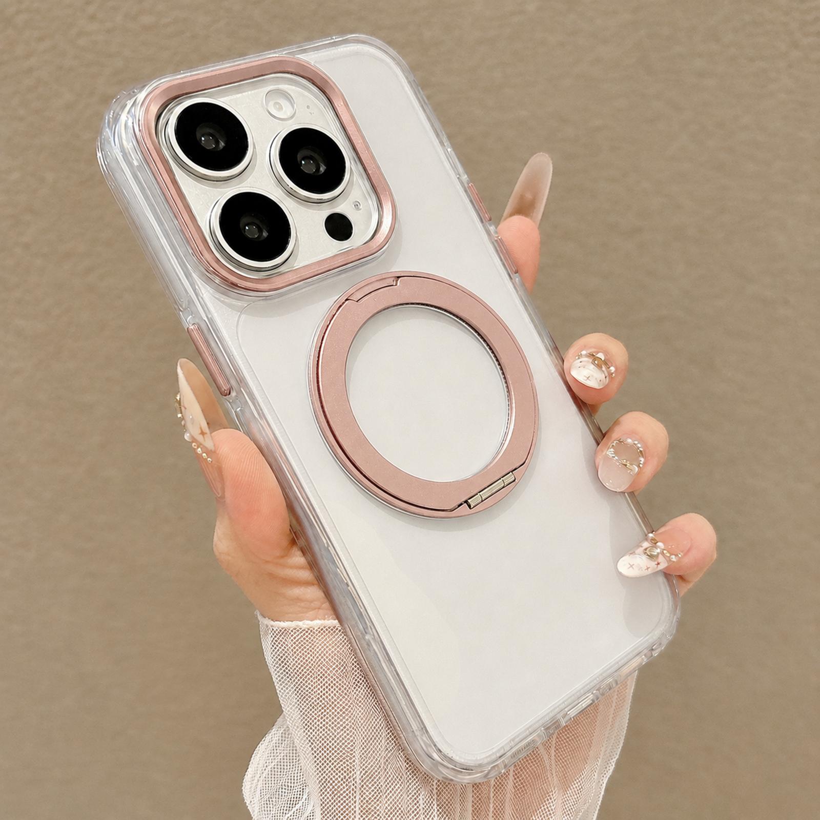 For iPhone 15 Pro Max Airbag Shockproof Magnetic Rotating Holder Phone Case(Pink) - Shopkiz.com