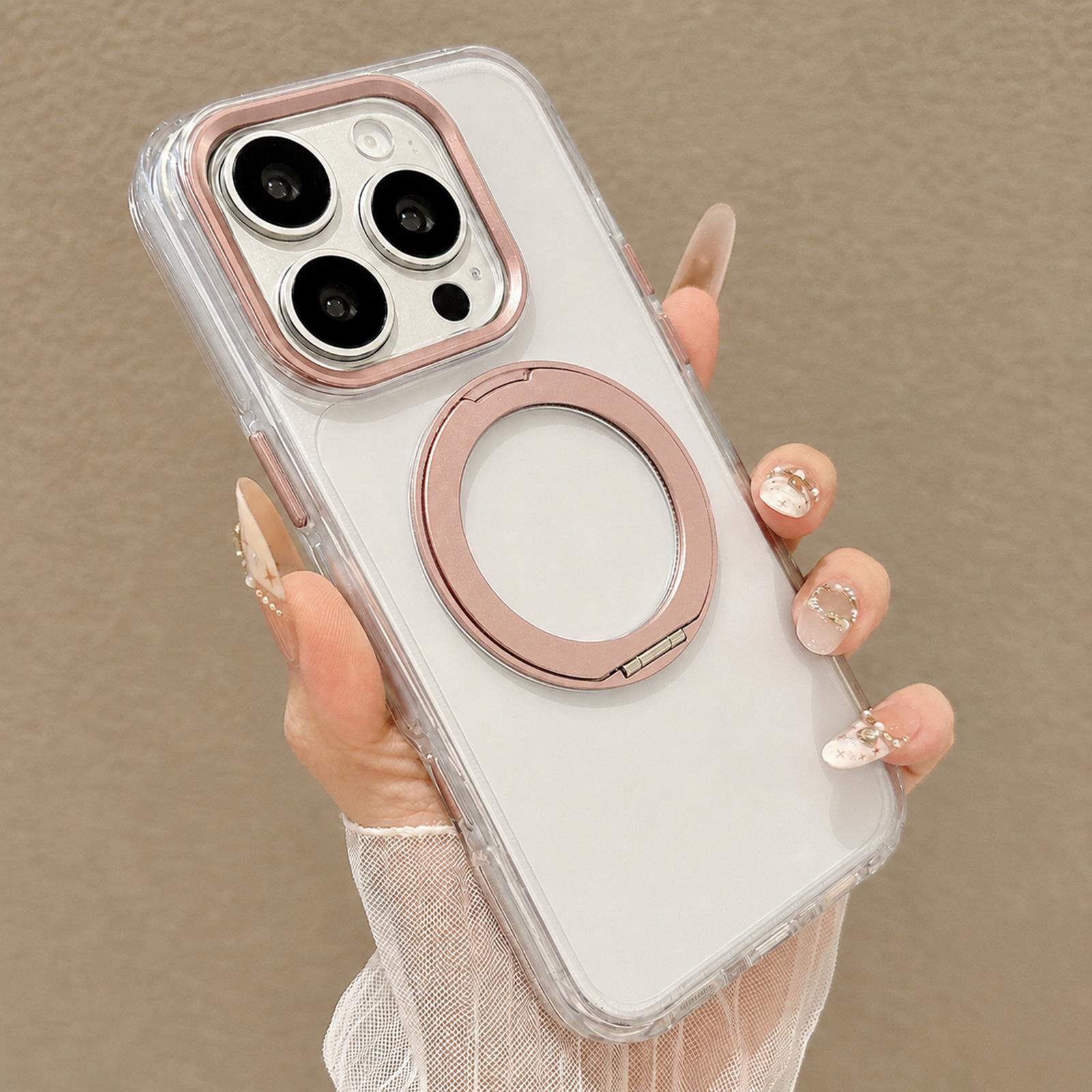 For iPhone 16 Pro Airbag Shockproof Magnetic Rotating Holder Phone Case(Pink) - Shopkiz.com