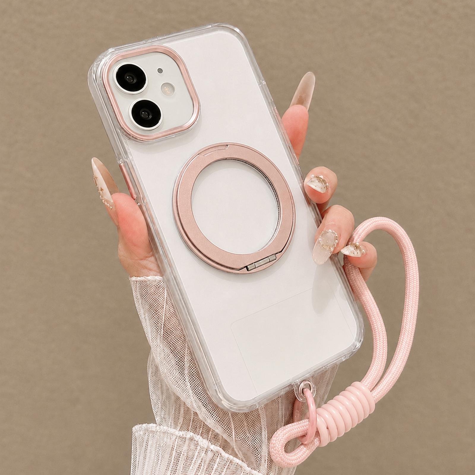 For iPhone 12 Airbag Shockproof Magnetic Rotating Holder Phone Case with Wrist Strap(Pink) - Shopkiz.com