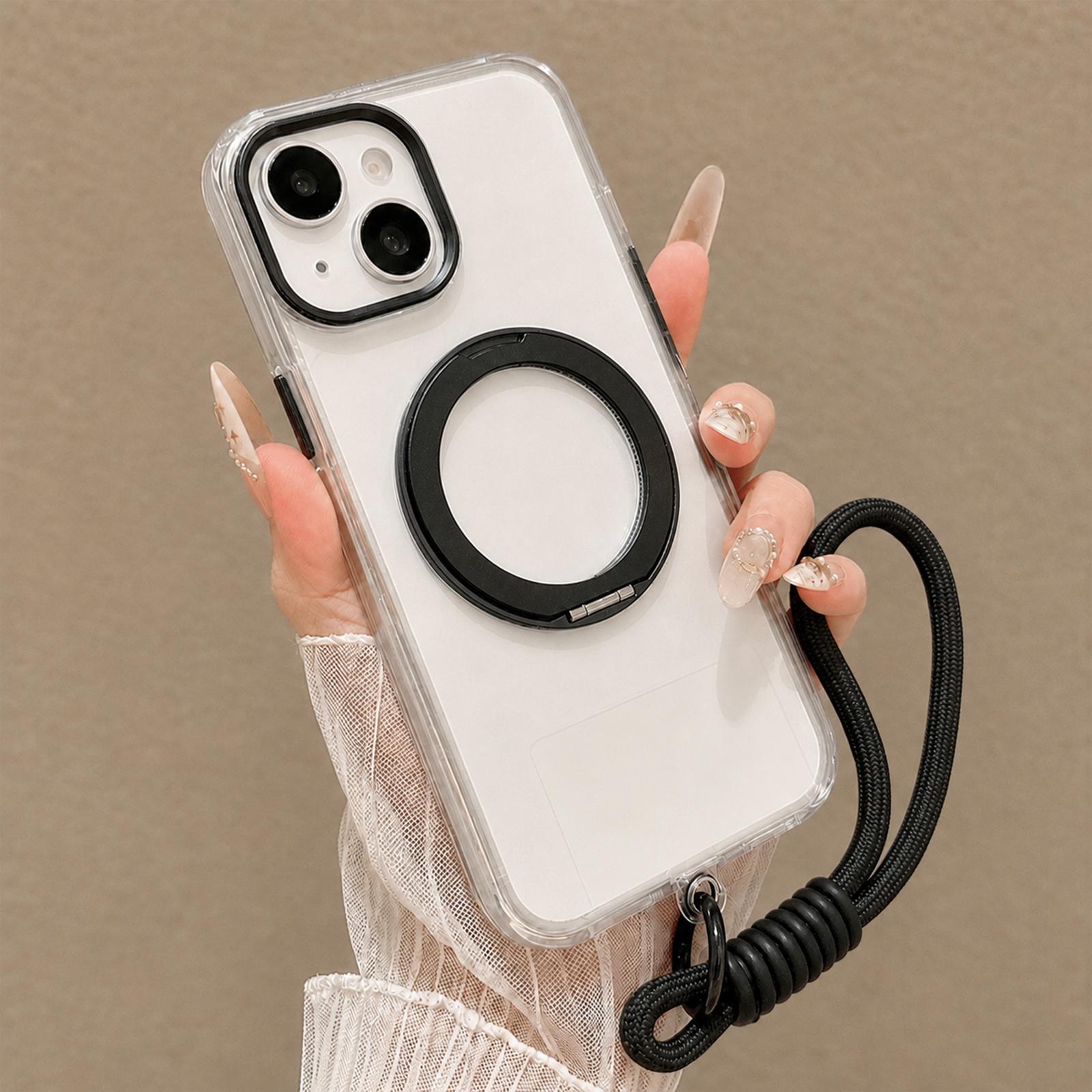 For iPhone 13 Airbag Shockproof Magnetic Rotating Holder Phone Case with Wrist Strap(Black) - Shopkiz.com
