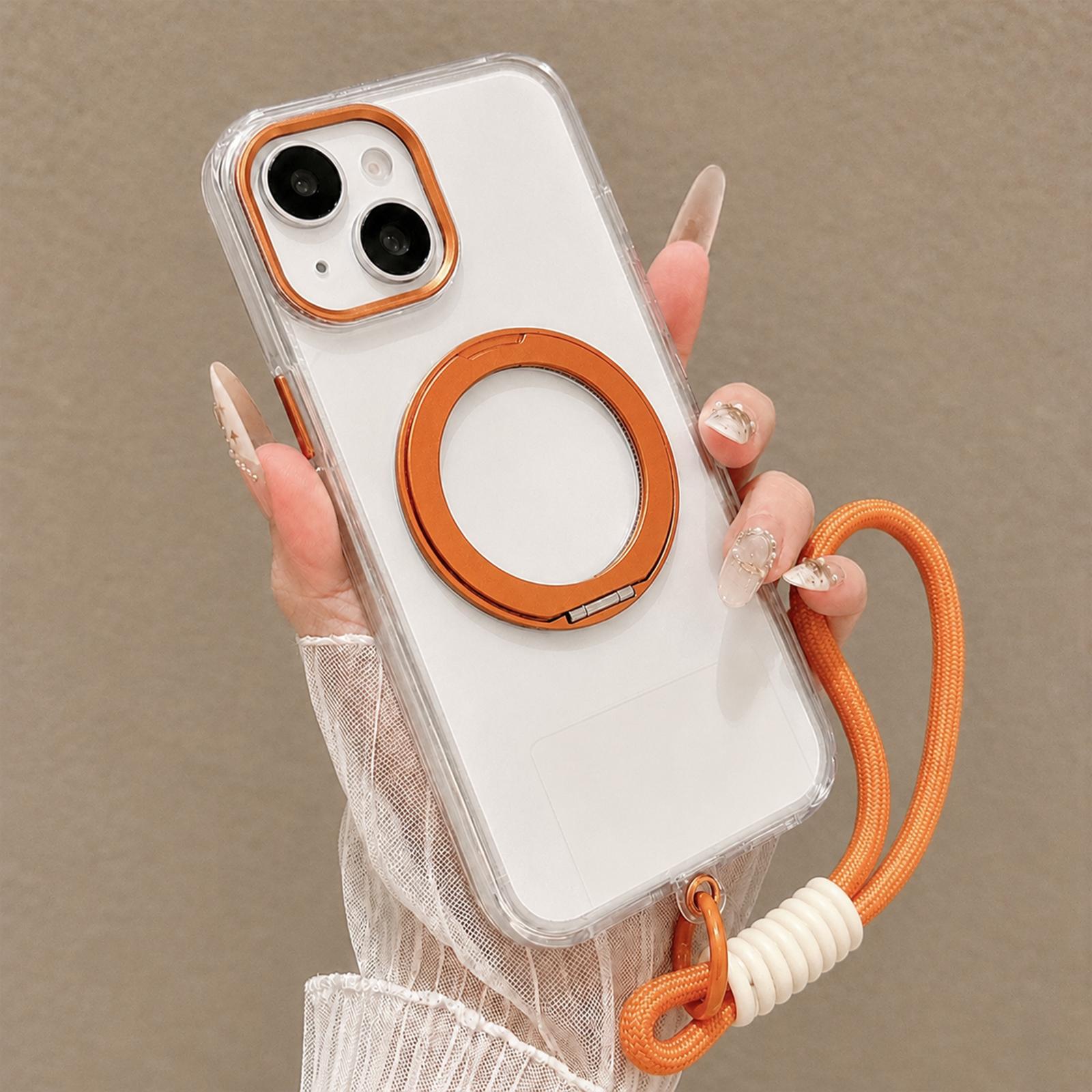 For iPhone 13 Airbag Shockproof Magnetic Rotating Holder Phone Case with Wrist Strap(Orange) - Shopkiz.com