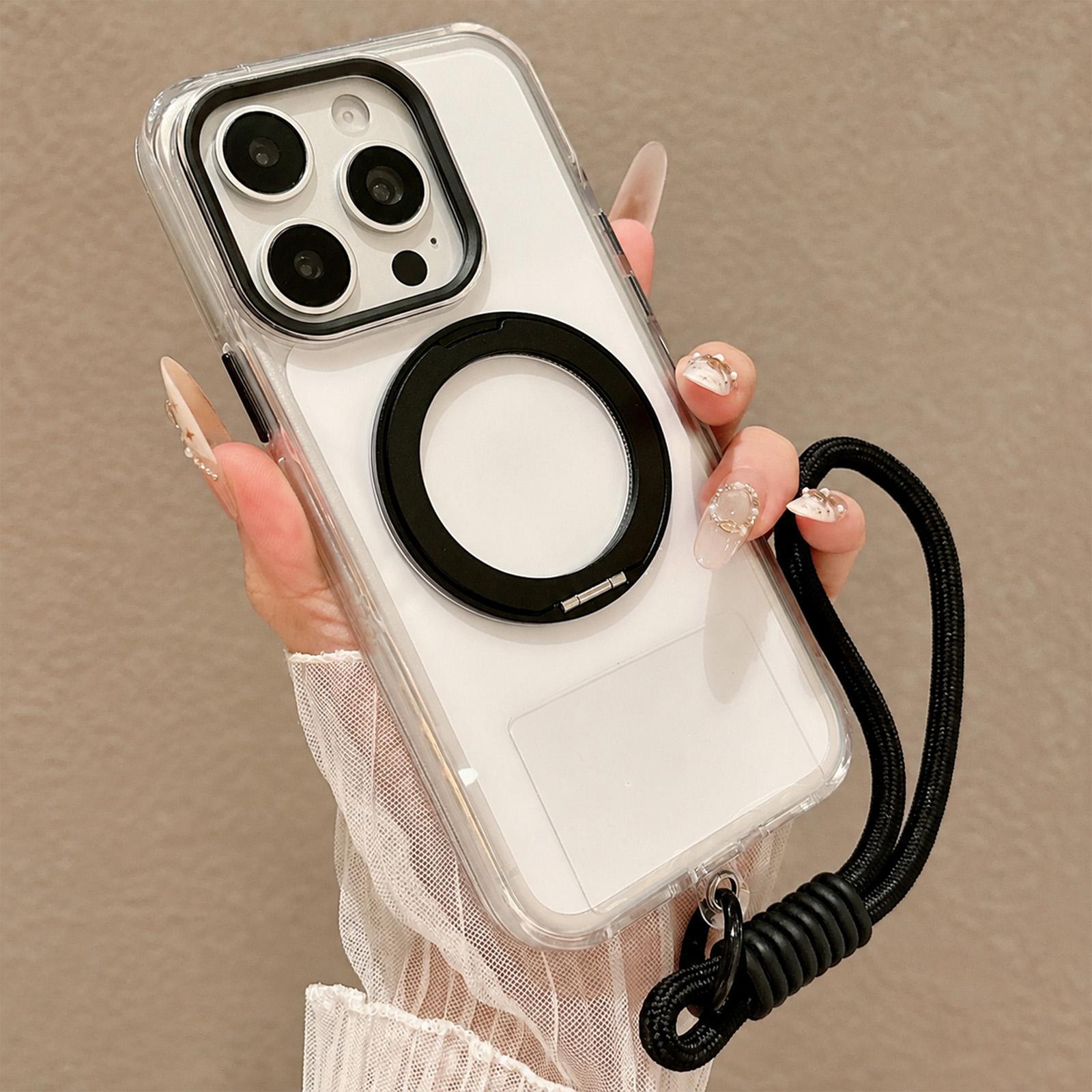 For iPhone 13 Pro Airbag Shockproof Magnetic Rotating Holder Phone Case with Wrist Strap(Black) - Shopkiz.com