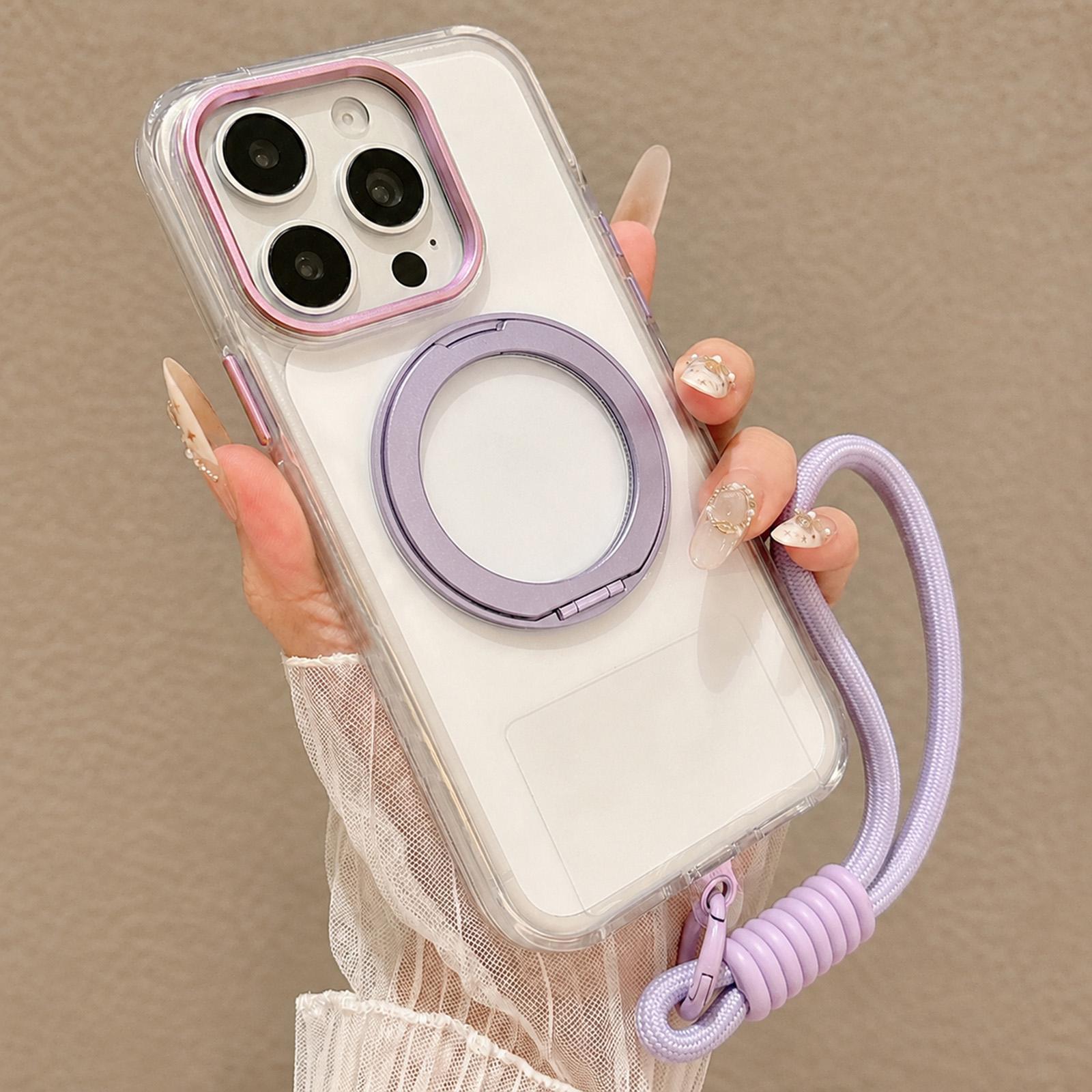 For iPhone 13 Pro Airbag Shockproof Magnetic Rotating Holder Phone Case with Wrist Strap(Purple) - Shopkiz.com