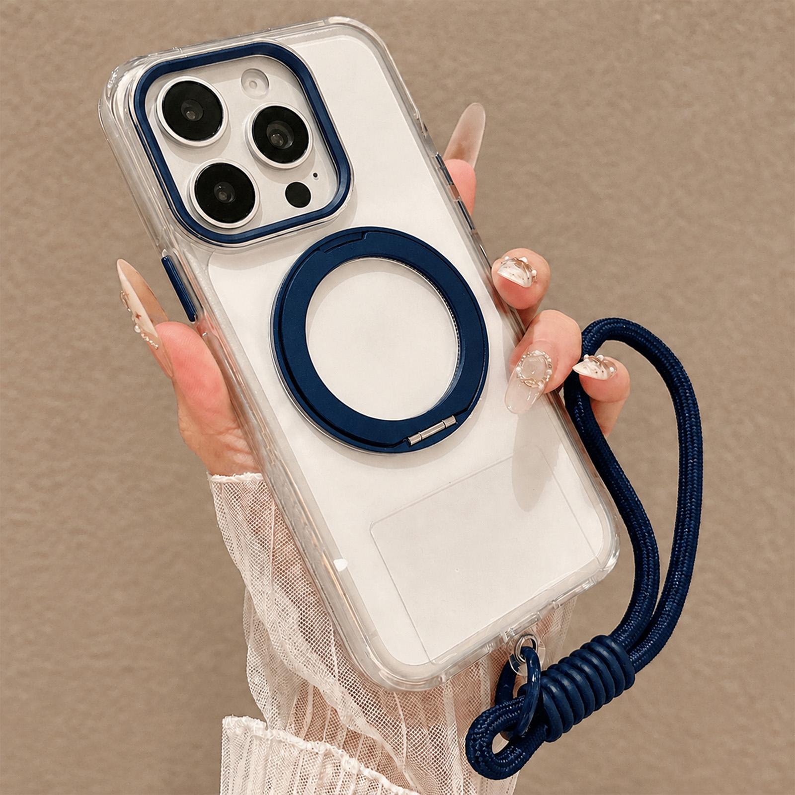 For iPhone 13 Pro Airbag Shockproof Magnetic Rotating Holder Phone Case with Wrist Strap(Blue) - Shopkiz.com