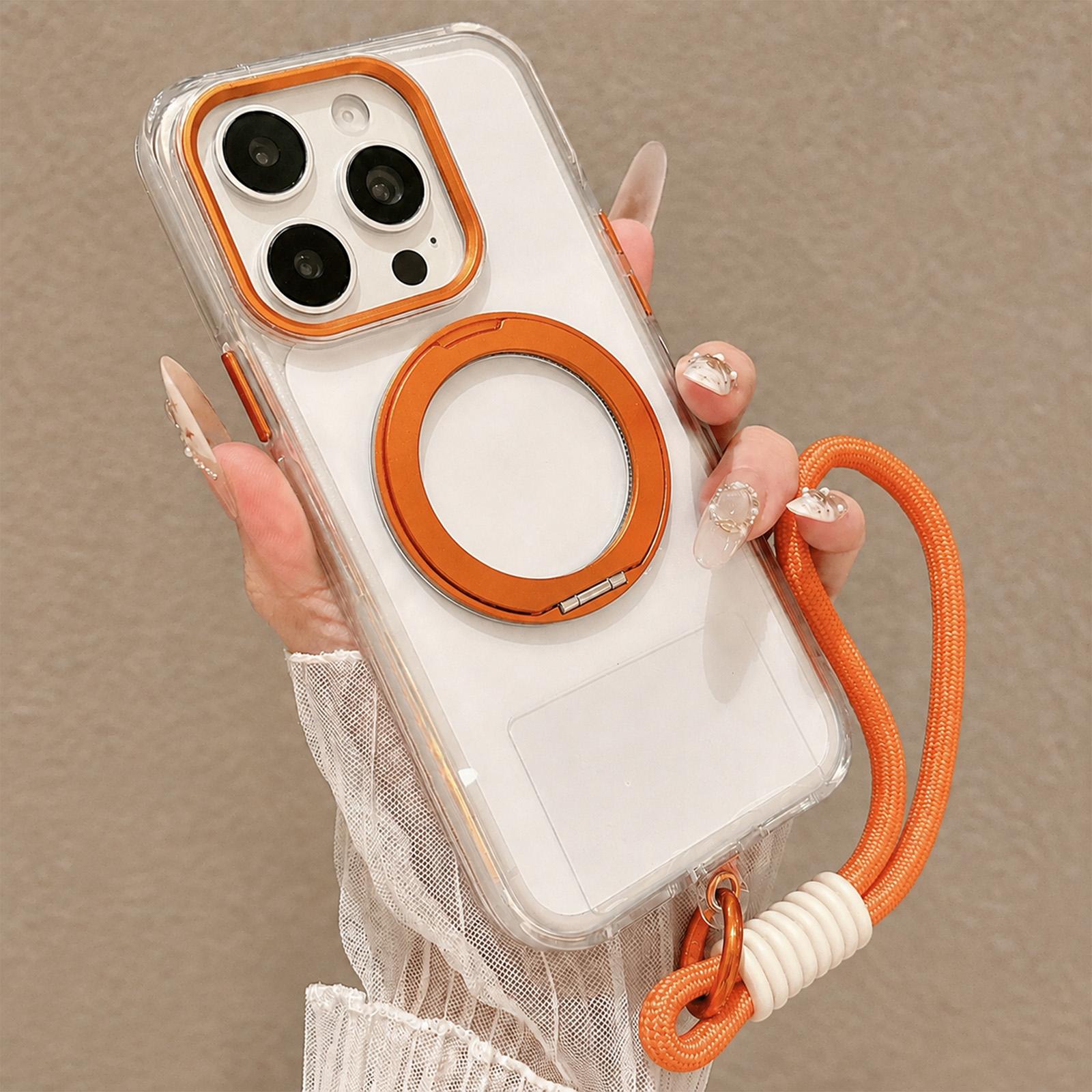 For iPhone 13 Pro Max Airbag Shockproof Magnetic Rotating Holder Phone Case with Wrist Strap(Orange) - Shopkiz.com