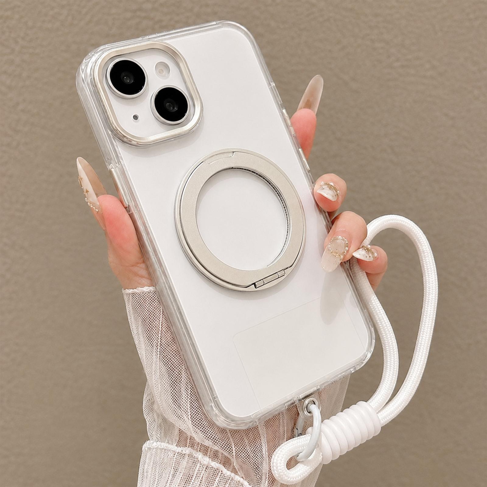 For iPhone 14 Airbag Shockproof Magnetic Rotating Holder Phone Case with Wrist Strap(Silver) - Shopkiz.com