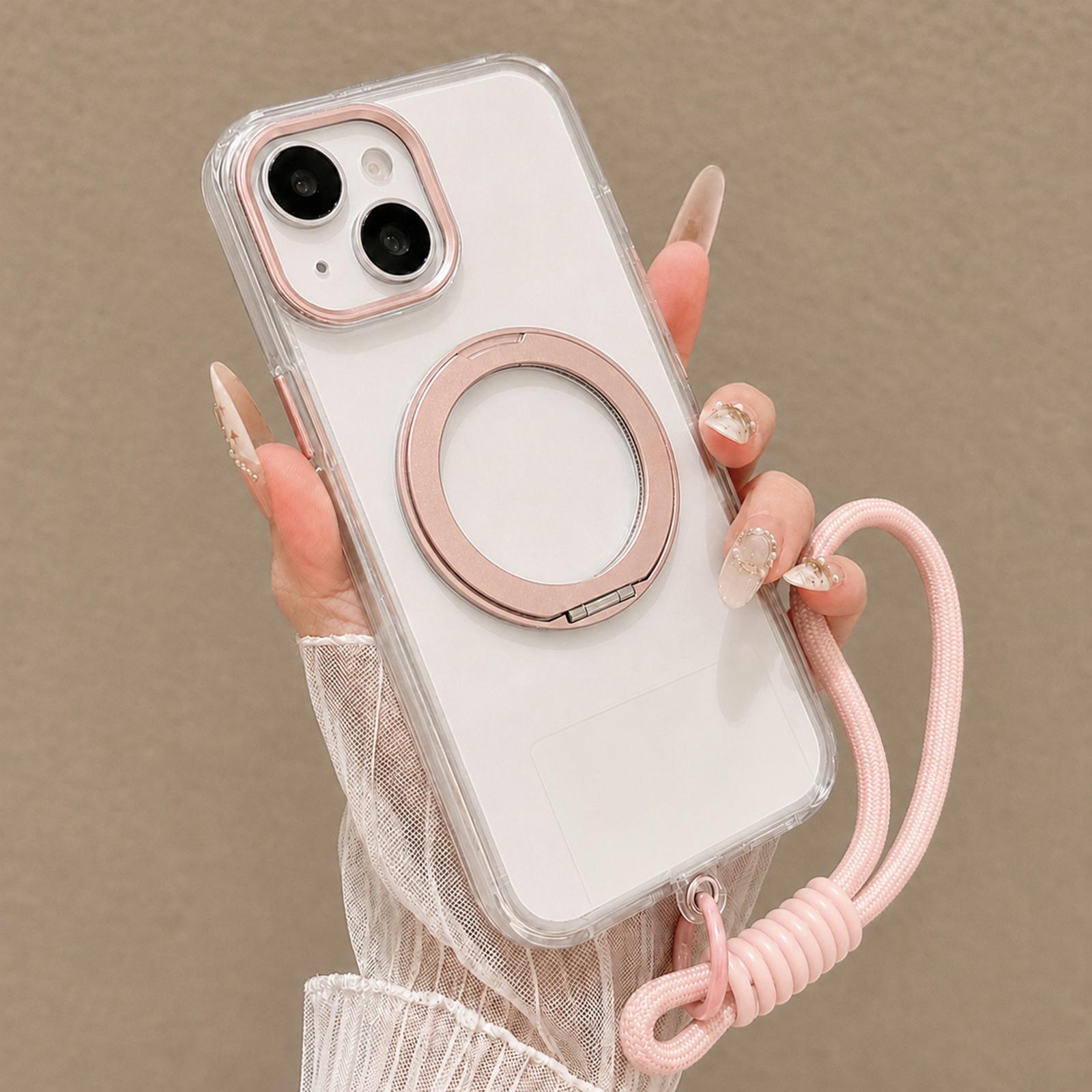 For iPhone 14 Airbag Shockproof Magnetic Rotating Holder Phone Case with Wrist Strap(Pink) - Shopkiz.com