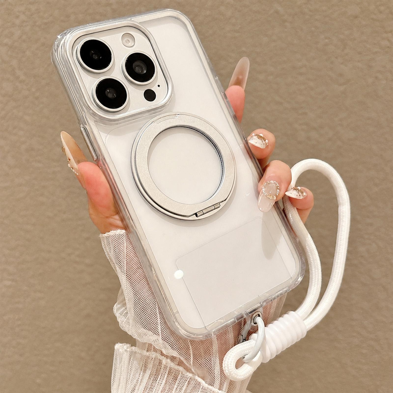 For iPhone 14 Pro Airbag Shockproof Magnetic Rotating Holder Phone Case with Wrist Strap(Silver) - Shopkiz.com