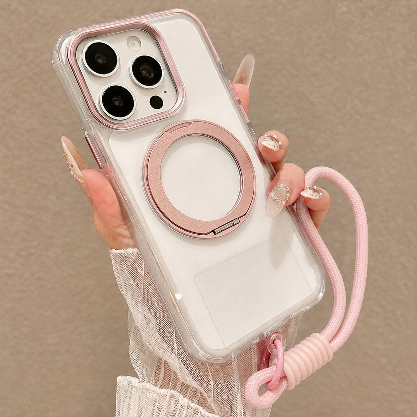 For iPhone 14 Pro Max Airbag Shockproof Magnetic Rotating Holder Phone Case with Wrist Strap(Pink) - Shopkiz.com