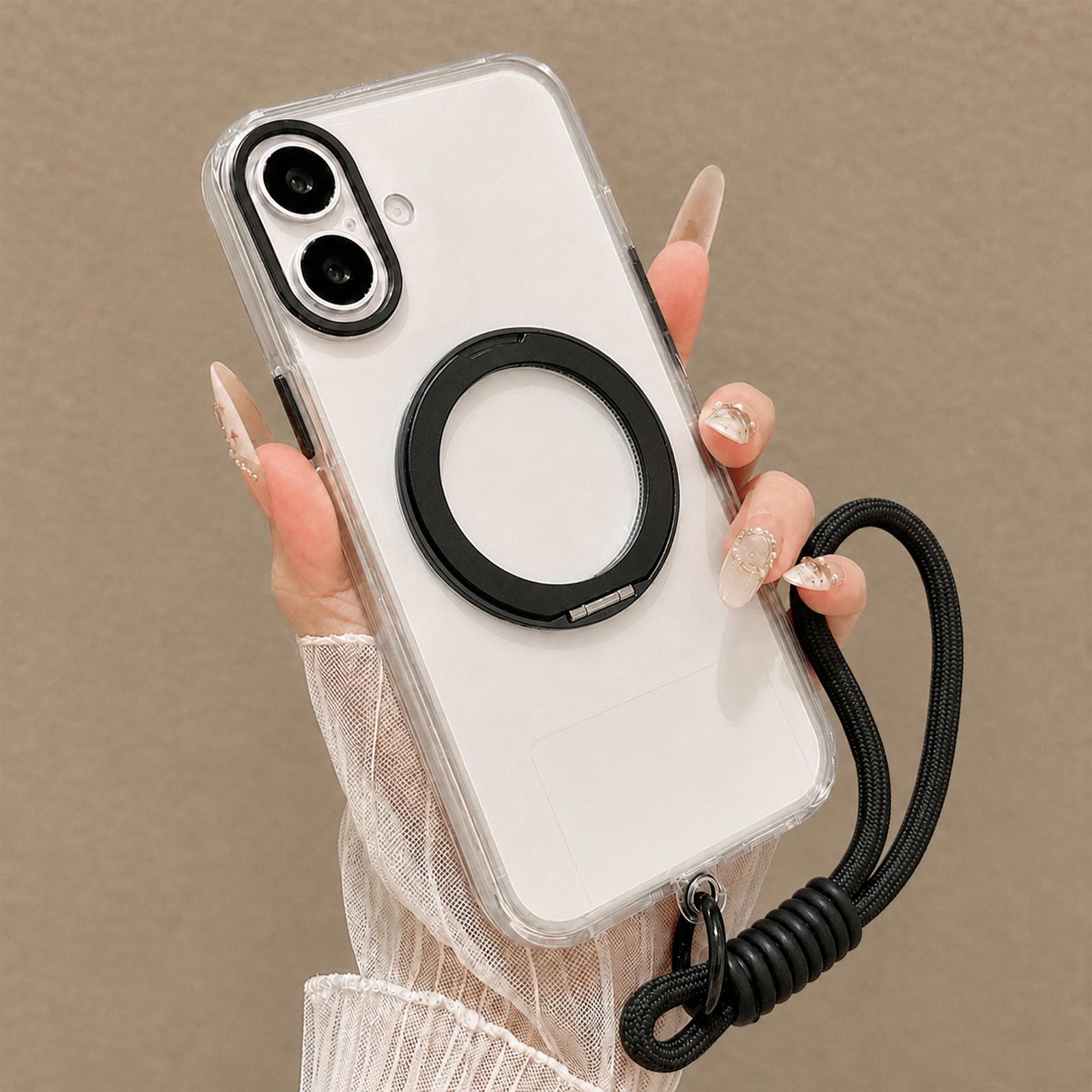 For iPhone 16 Plus Airbag Shockproof Magnetic Rotating Holder Phone Case with Wrist Strap(Black) - Shopkiz.com
