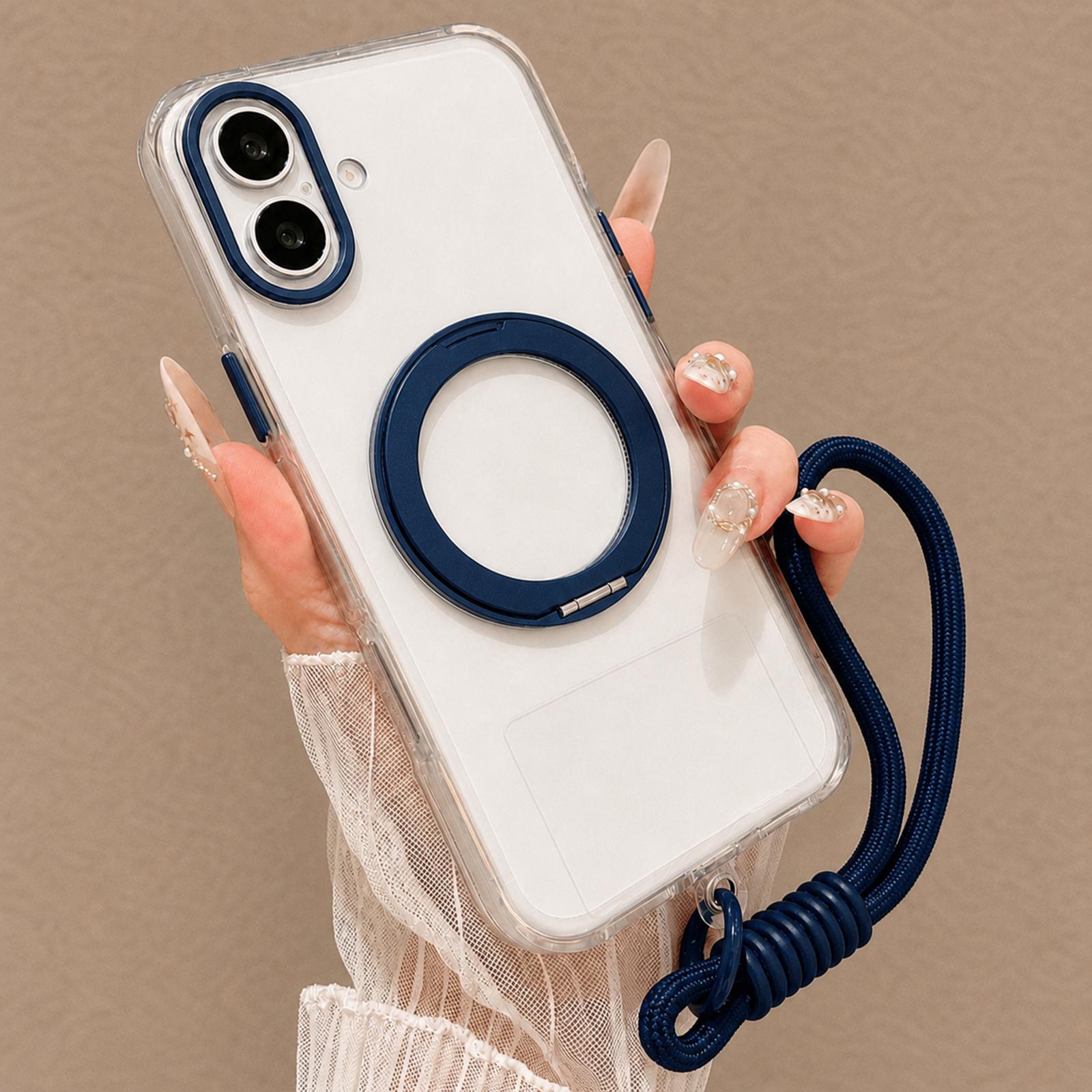 For iPhone 16 Plus Airbag Shockproof Magnetic Rotating Holder Phone Case with Wrist Strap(Blue) - Shopkiz.com