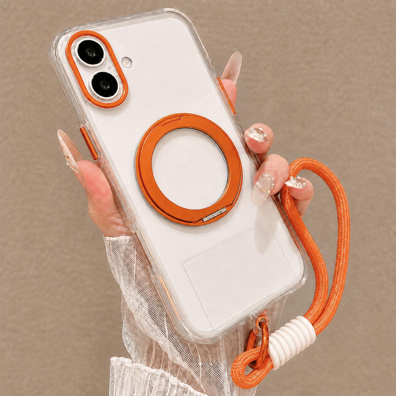 For iPhone 16 Plus Airbag Shockproof Magnetic Rotating Holder Phone Case with Wrist Strap(Orange) - Shopkiz.com