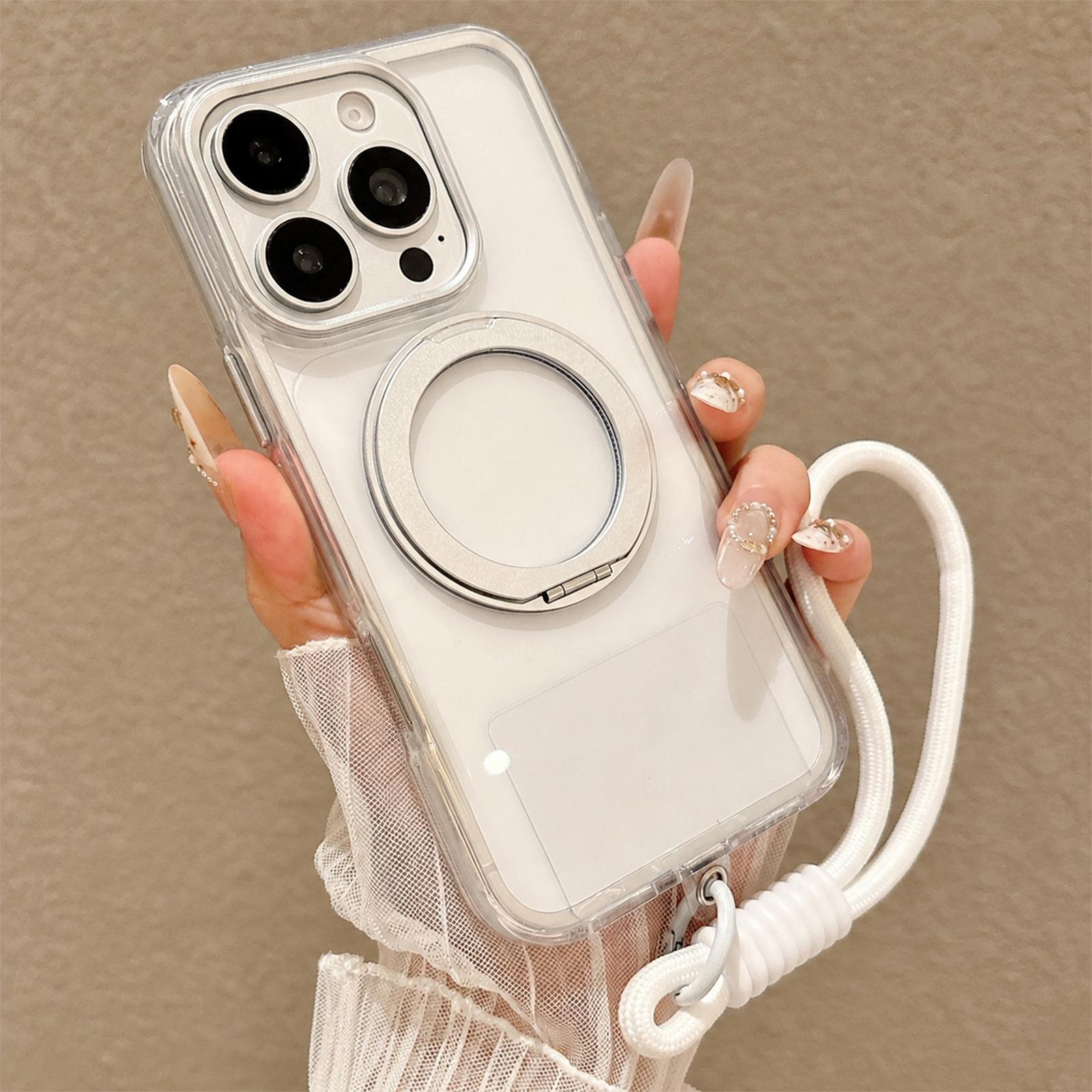 For iPhone 16 Pro Max Airbag Shockproof Magnetic Rotating Holder Phone Case with Wrist Strap(Silver) - Shopkiz.com