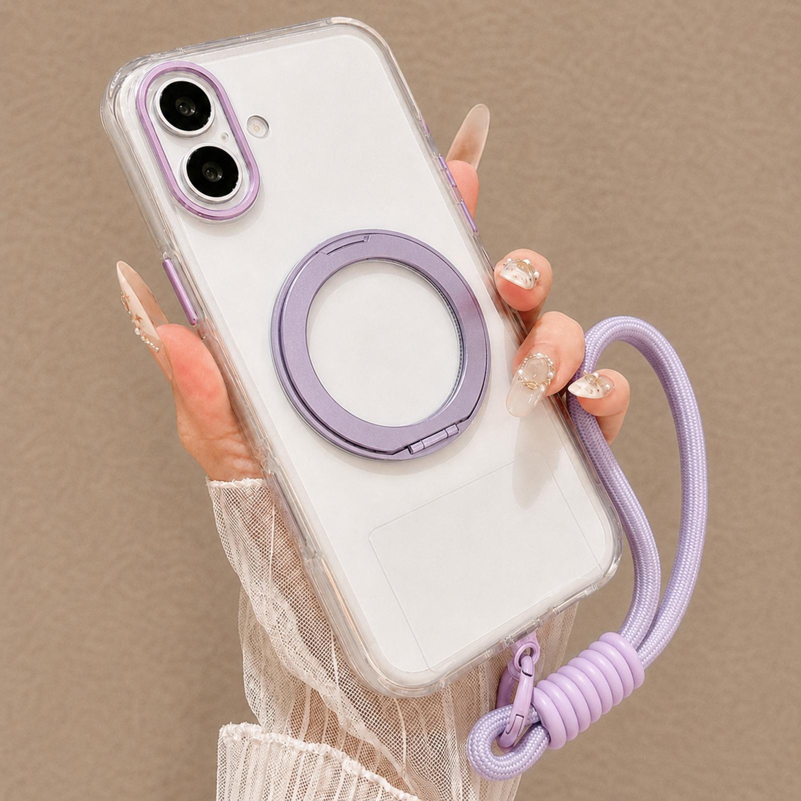 For iPhone 17 Airbag Shockproof Magnetic Rotating Holder Phone Case with Wrist Strap(Purple) - Shopkiz.com