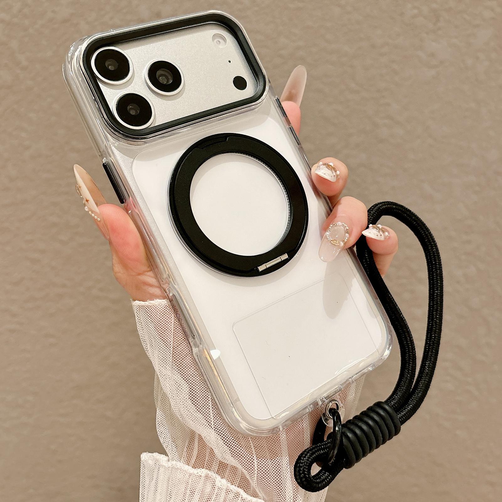 For iPhone 17 Pro Max Airbag Shockproof Magnetic Rotating Holder Phone Case with Wrist Strap(Black) - Shopkiz.com
