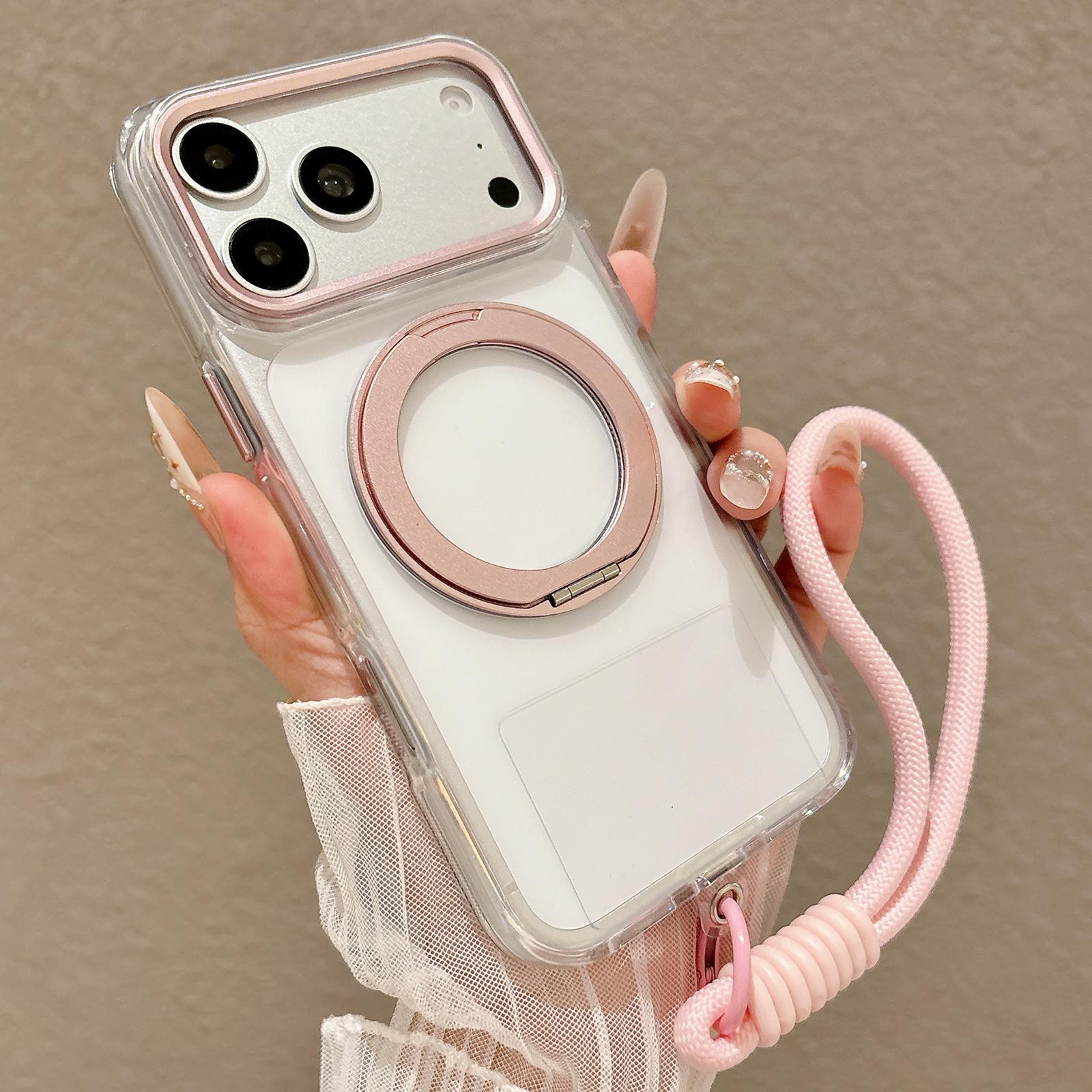 For iPhone 17 Pro Max Airbag Shockproof Magnetic Rotating Holder Phone Case with Wrist Strap(Pink) - Shopkiz.com