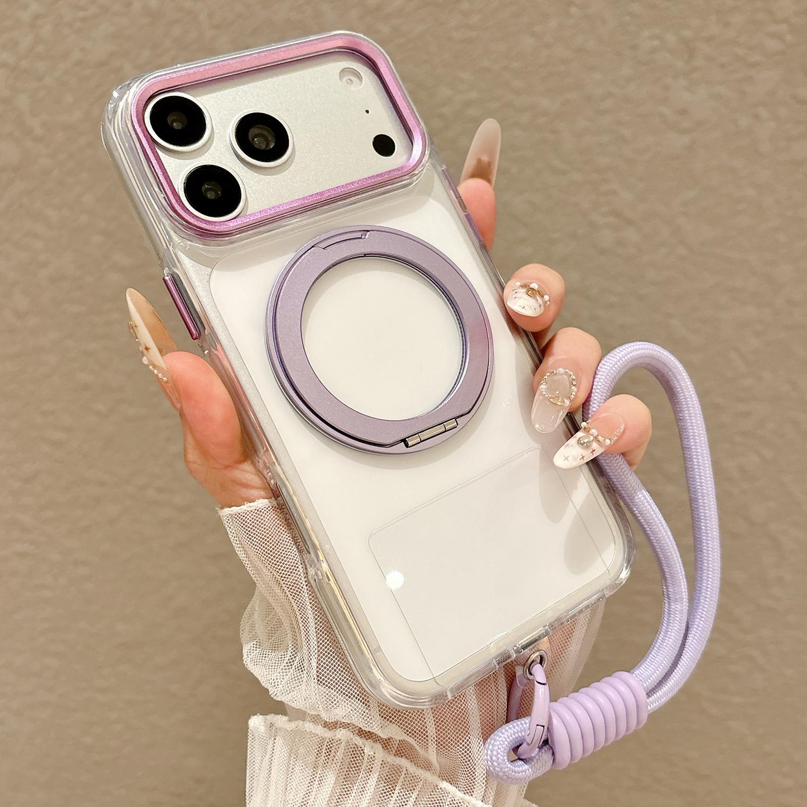 For iPhone 17 Pro Max Airbag Shockproof Magnetic Rotating Holder Phone Case with Wrist Strap(Purple) - Shopkiz.com