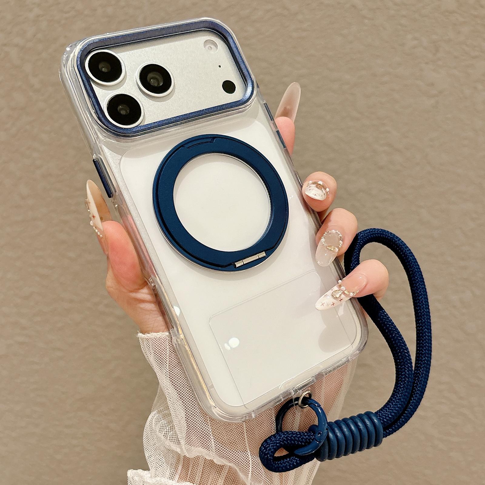 For iPhone 17 Pro Max Airbag Shockproof Magnetic Rotating Holder Phone Case with Wrist Strap(Blue) - Shopkiz.com