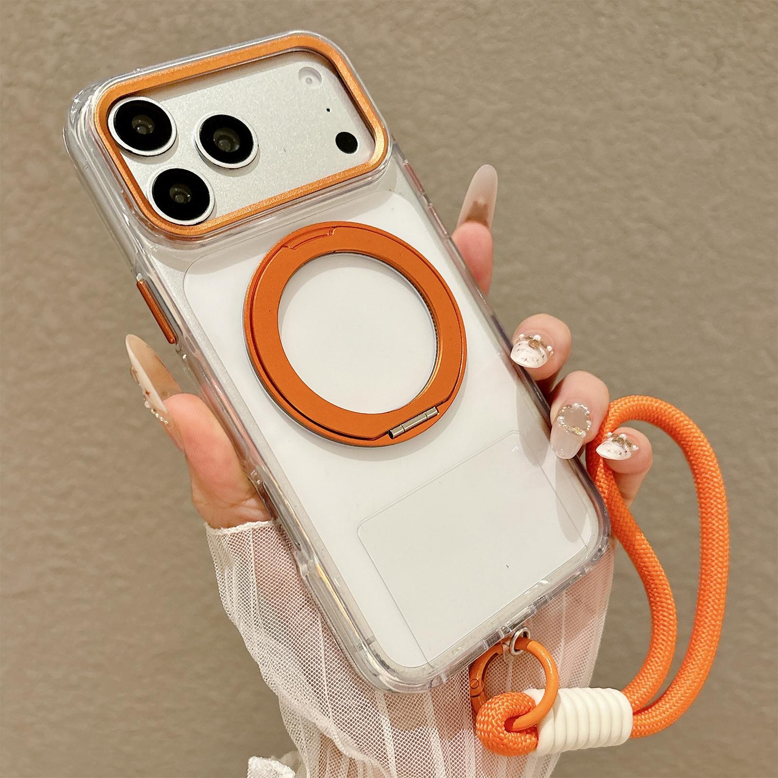 For iPhone 17 Pro Max Airbag Shockproof Magnetic Rotating Holder Phone Case with Wrist Strap(Orange) - Shopkiz.com