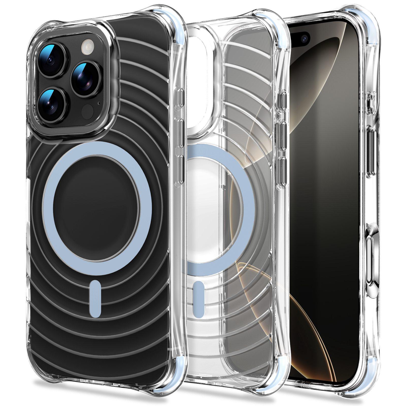 For iPhone 16 Pro Max Wave Pattern Air Cushion Corners Shockproof Magnetic Phone Case(Blue) - Shopkiz.com