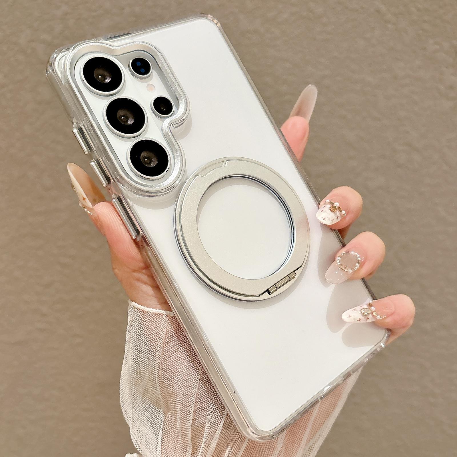 For Galaxy S24 Ultra 5G Airbag Shockproof Magnetic Rotating Holder Phone Case(Silver) - Shopkiz.com